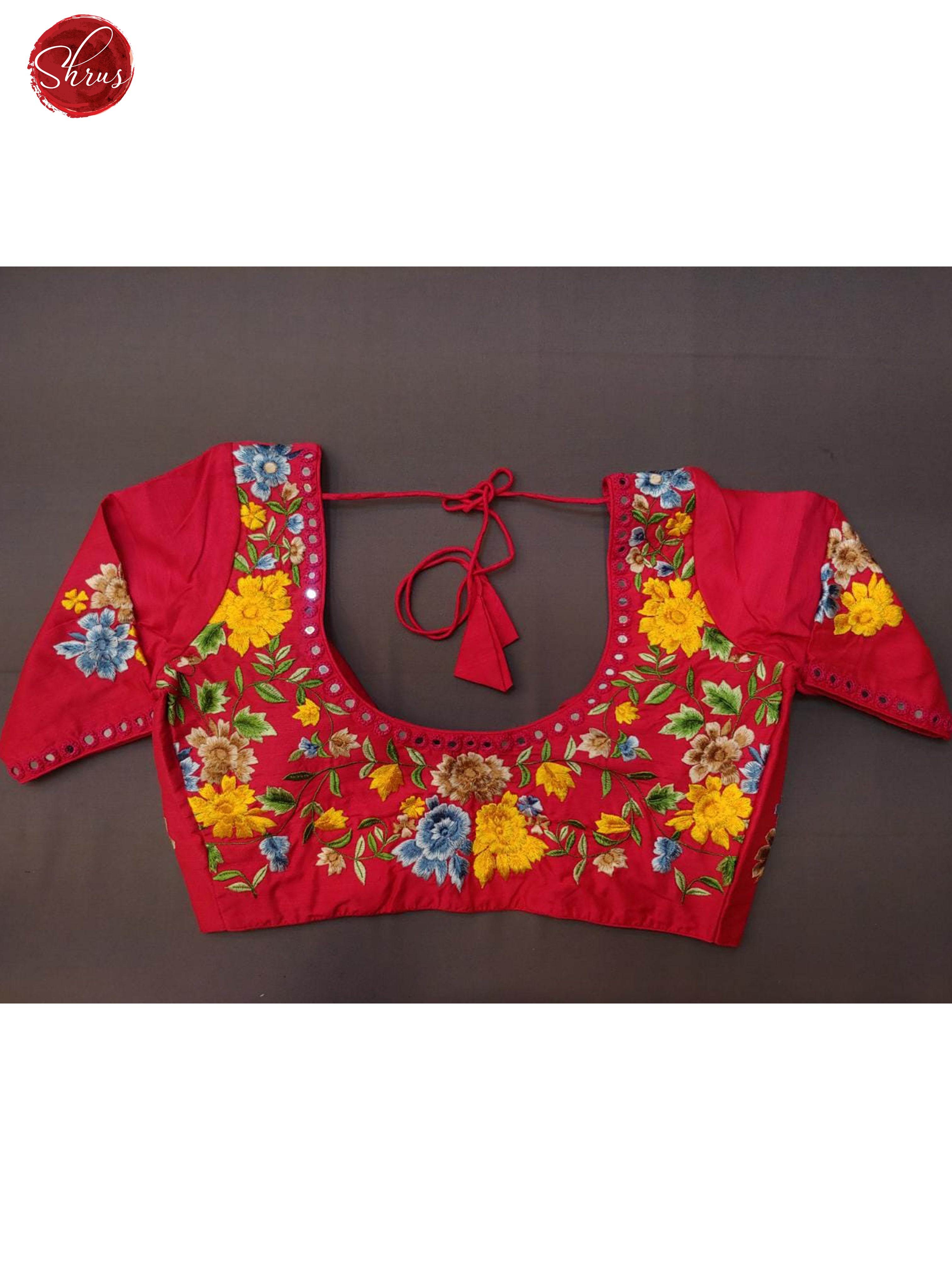 Red - Readymade embroidered , Mirror work Blouse with front hook, short sleeves , U shaped - neckline & Size - 34 - Shop on ShrusEternity.com