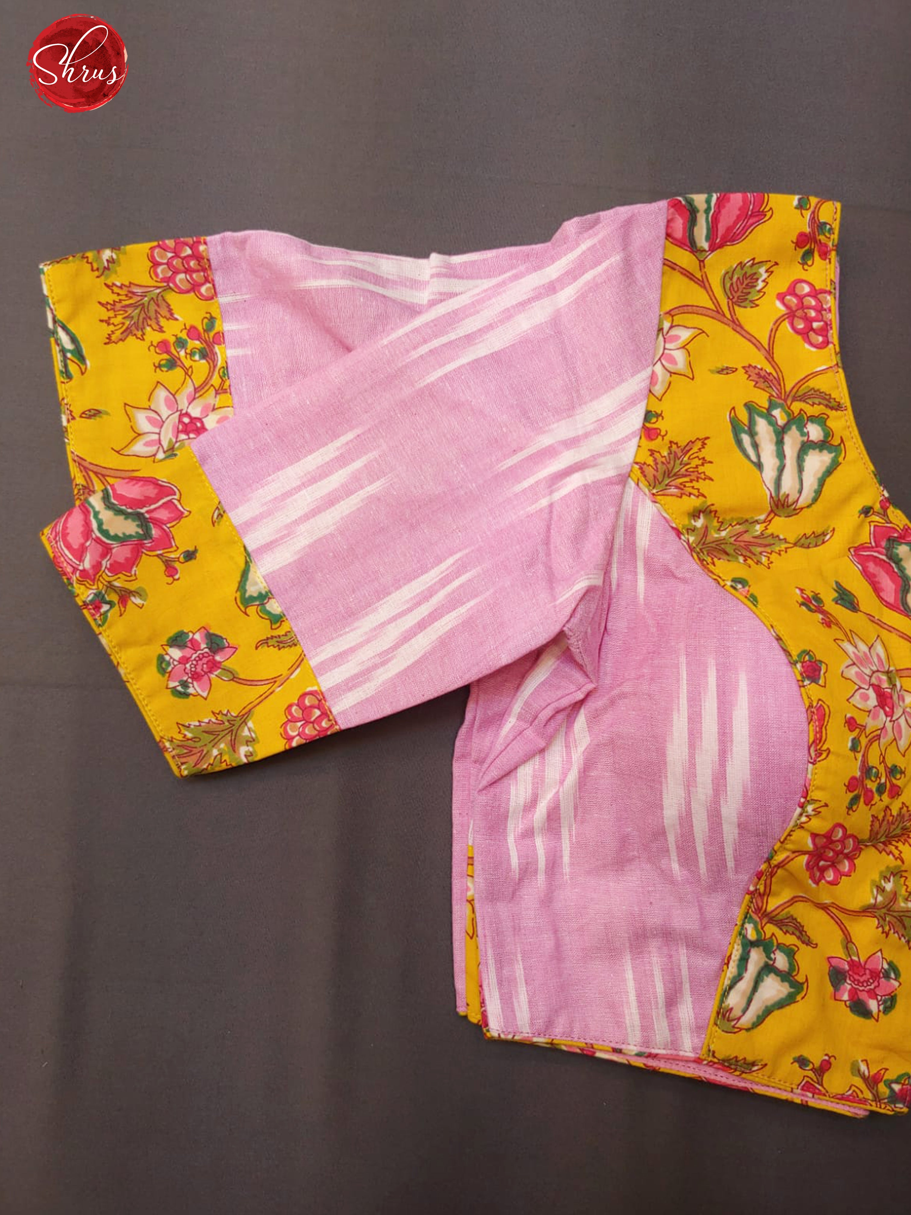 Pink & Yellow - Ikkat Readymade blouse with Front hook, boat-neckline, and Short Sleeve & Size - 34 - Shop on ShrusEternity.com