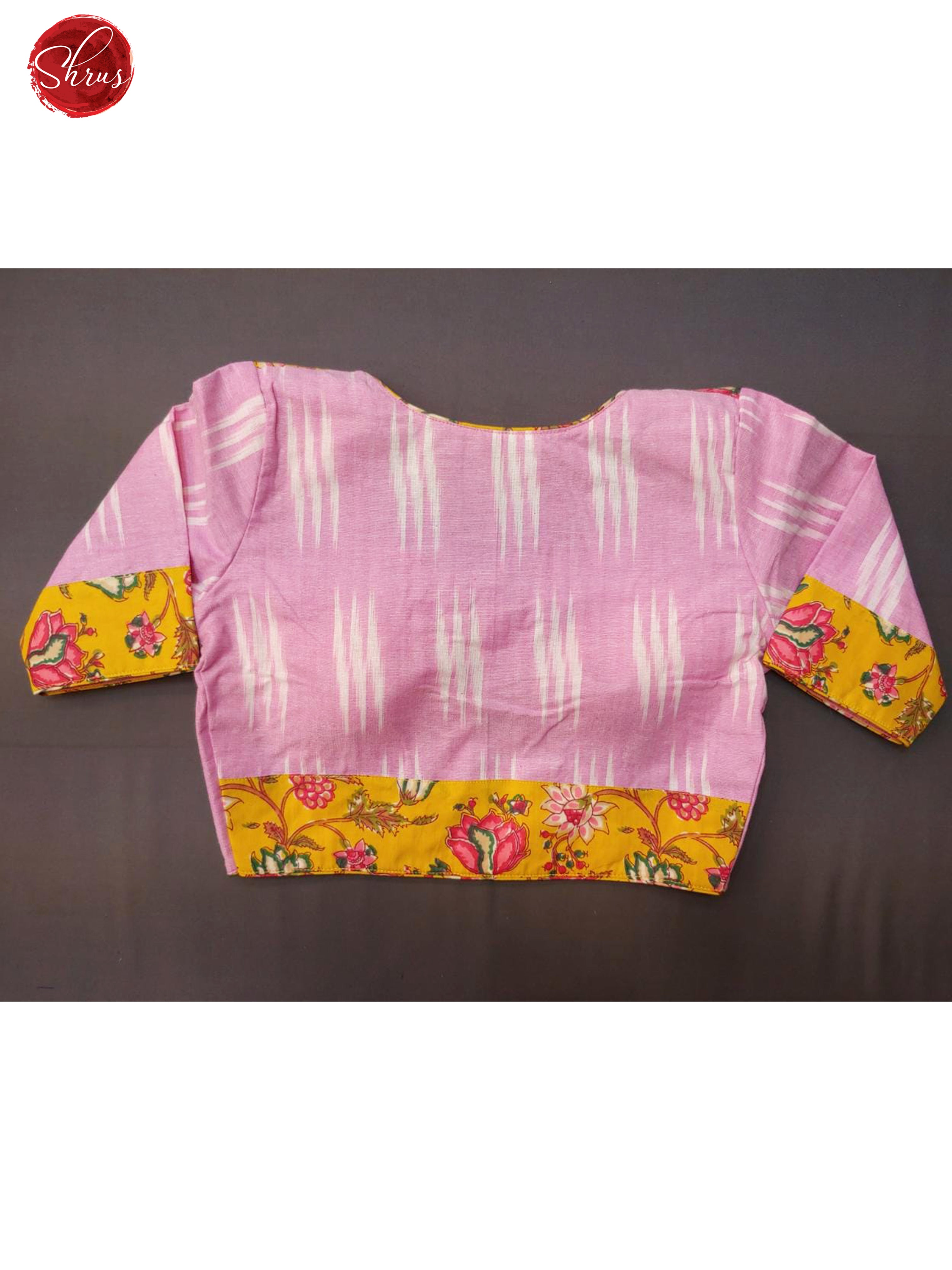 Pink & Yellow - Ikkat Readymade blouse with Front hook, boat-neckline, and Short Sleeve & Size - 34 - Shop on ShrusEternity.com