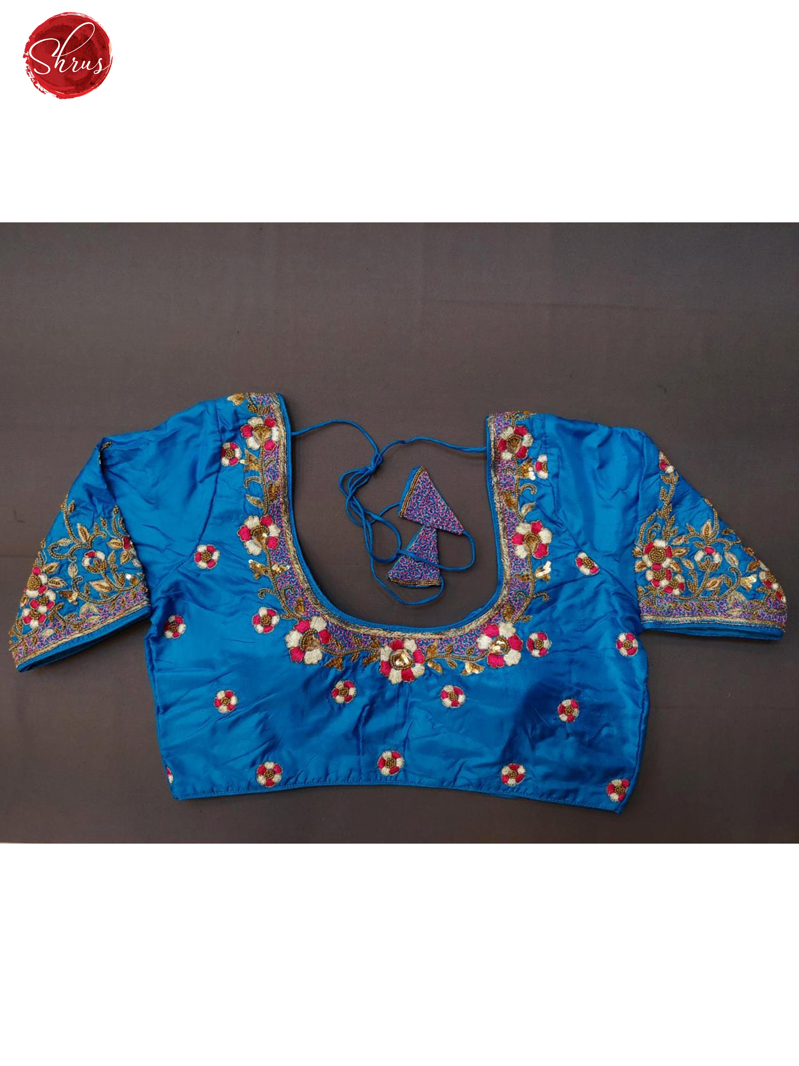 Blue- Readymade embroidered blouse with front hook , U- neckline , short sleeve & Size 34 - Shop on ShrusEternity.com