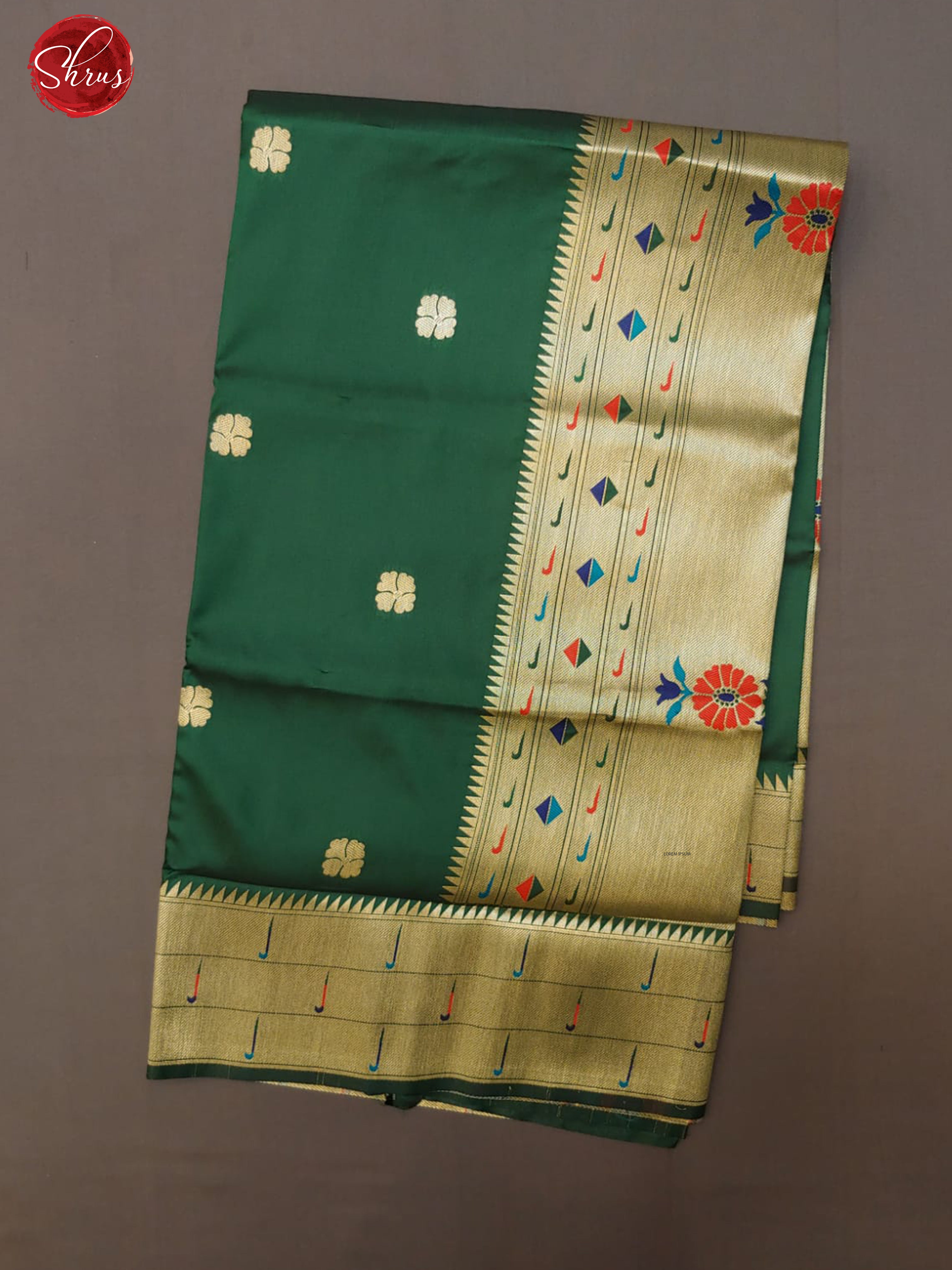 Green(Single Tone)- Semi Paithani with zari woven floral buttas on t he body & Zari Border - Shop on ShrusEternity.com
