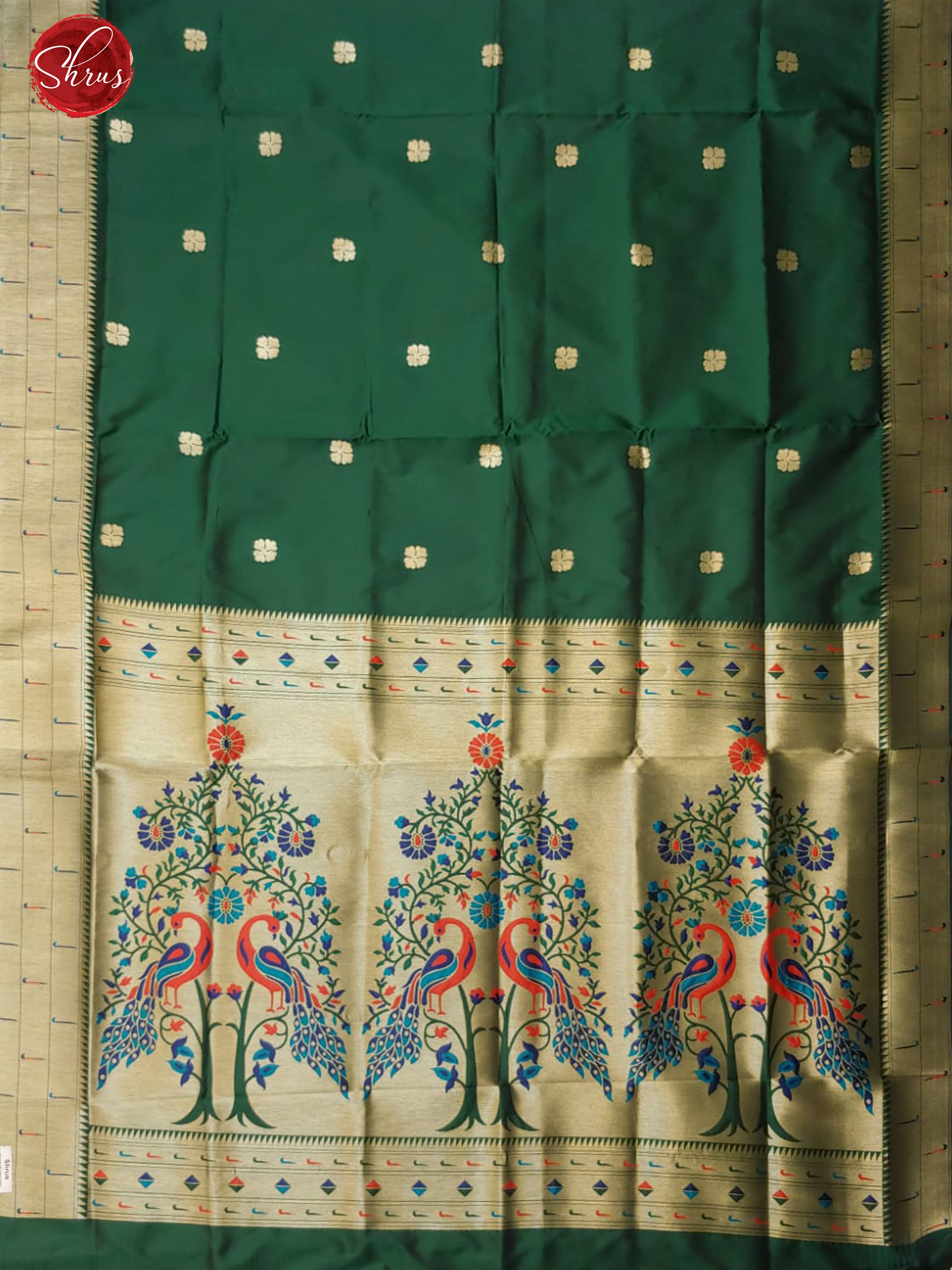 Green(Single Tone)- Semi Paithani with zari woven floral buttas on t he body & Zari Border - Shop on ShrusEternity.com