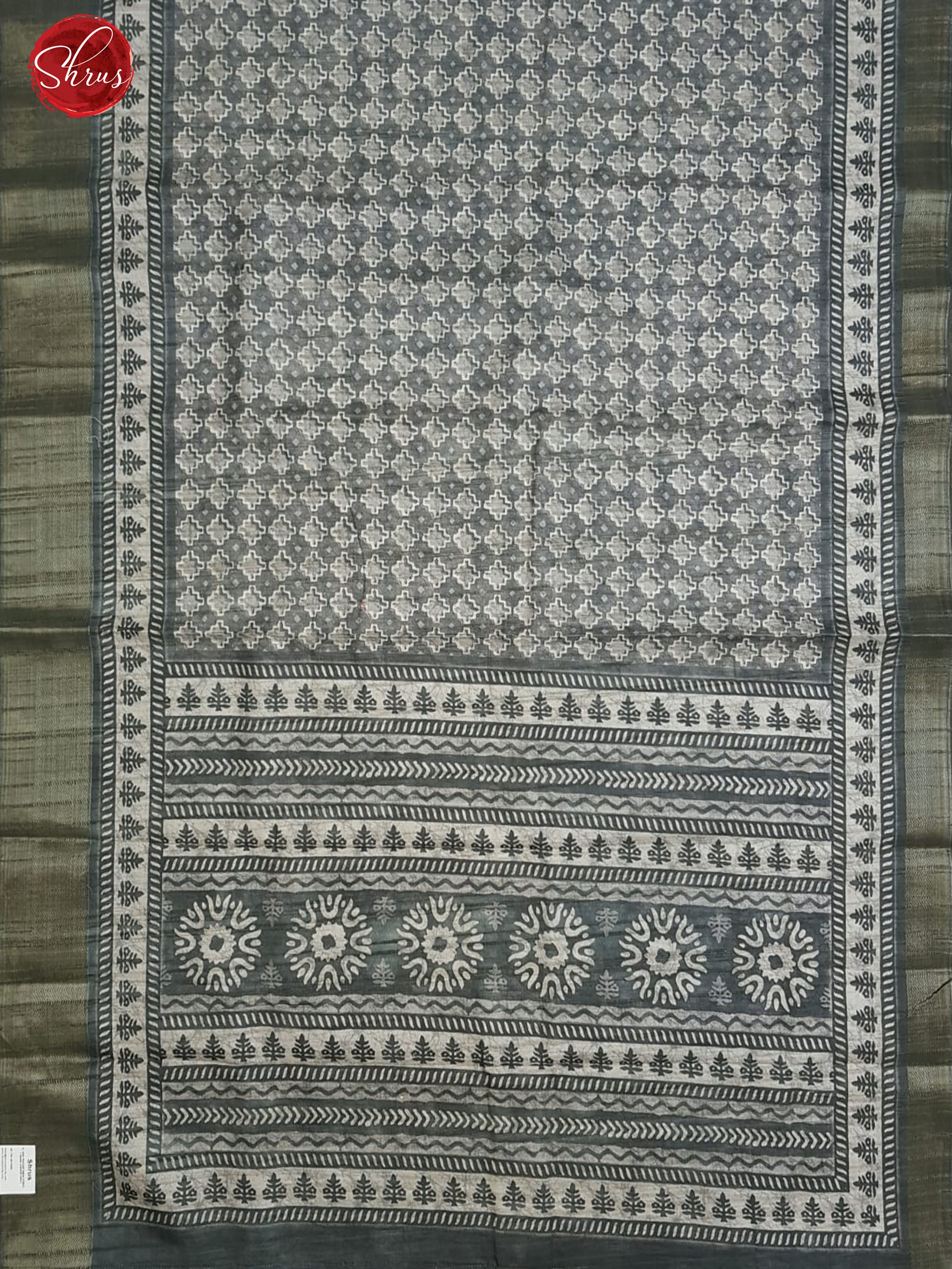 Grey(Single Tone)- Semi Tussar with floral print on the body &Zari Border - Shop on ShrusEternity.com