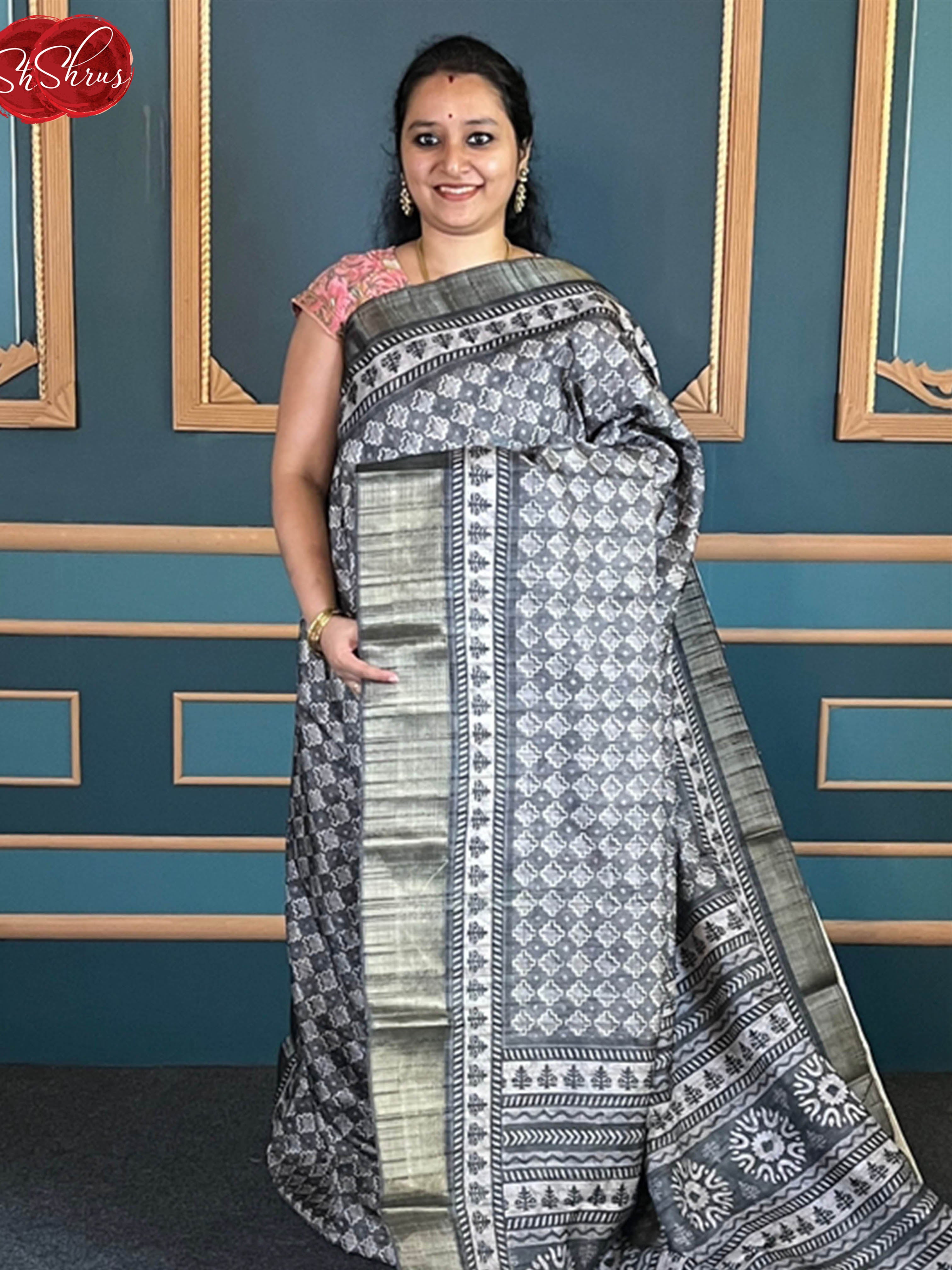 Grey(Single Tone)- Semi Tussar with floral print on the body &Zari Border - Shop on ShrusEternity.com