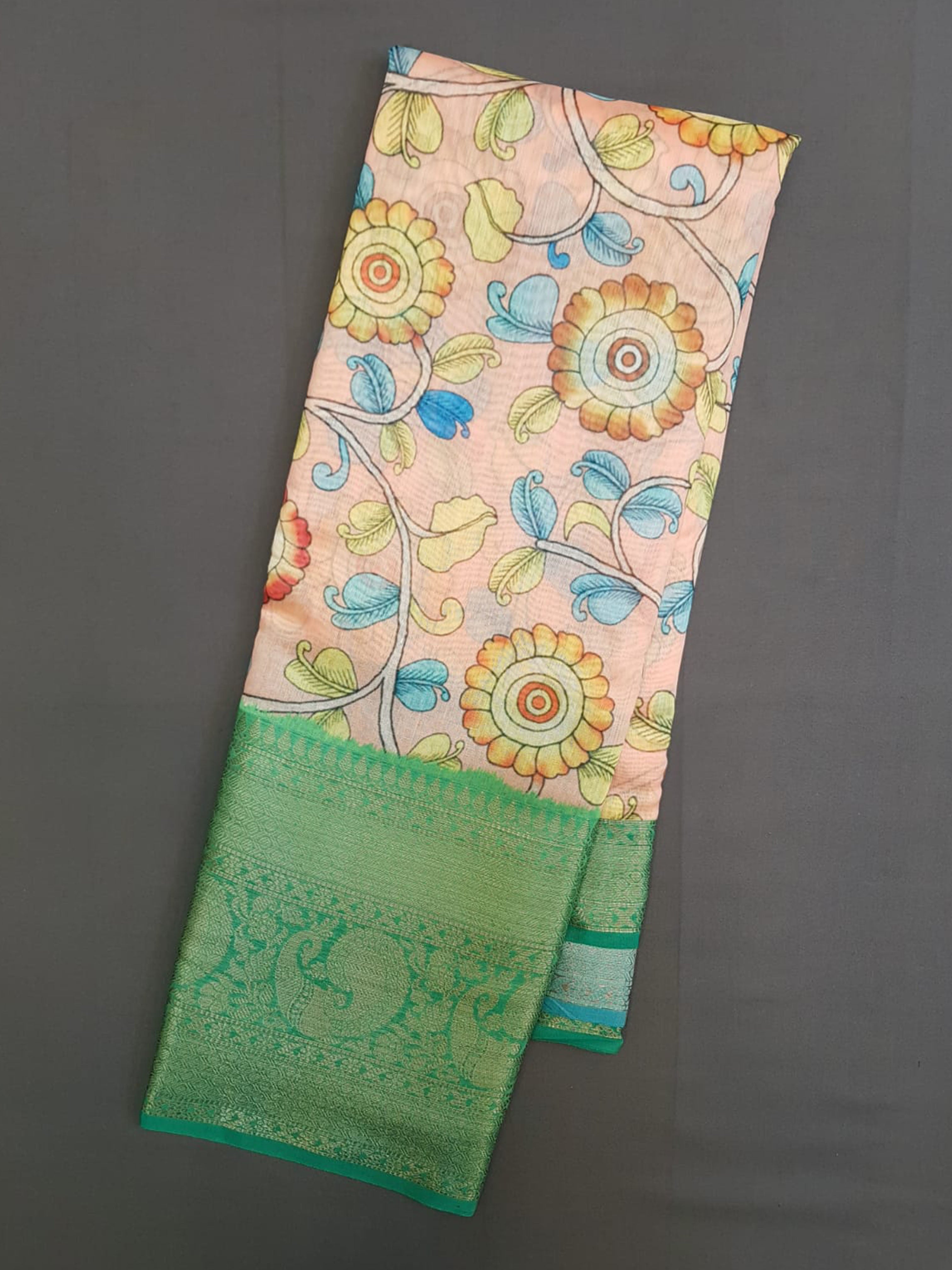 Peach and Green - Semi Chanderi with floral print on the body and zari border - Shop on ShrusEternity.com