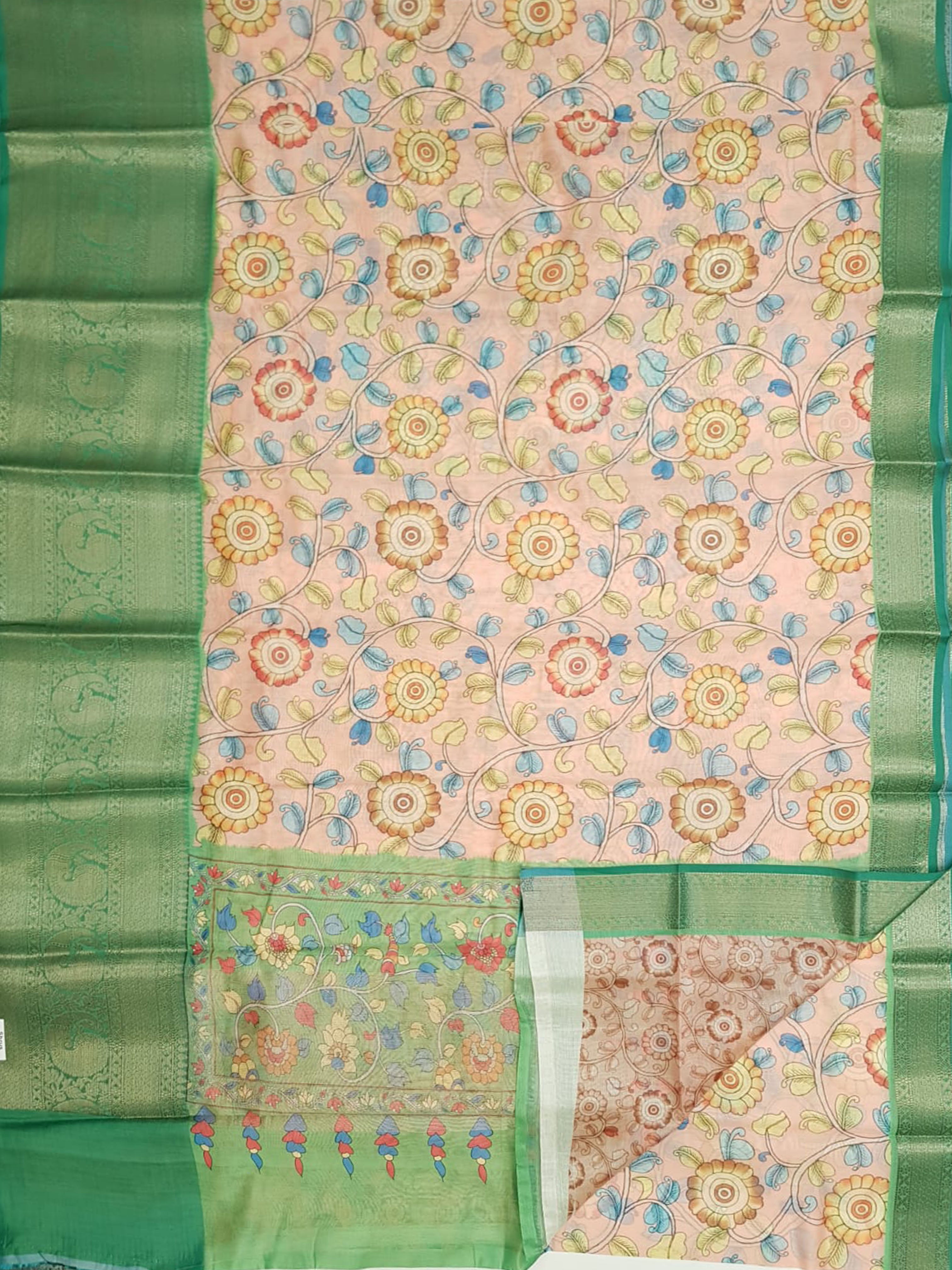 Peach and Green - Semi Chanderi with floral print on the body and zari border - Shop on ShrusEternity.com