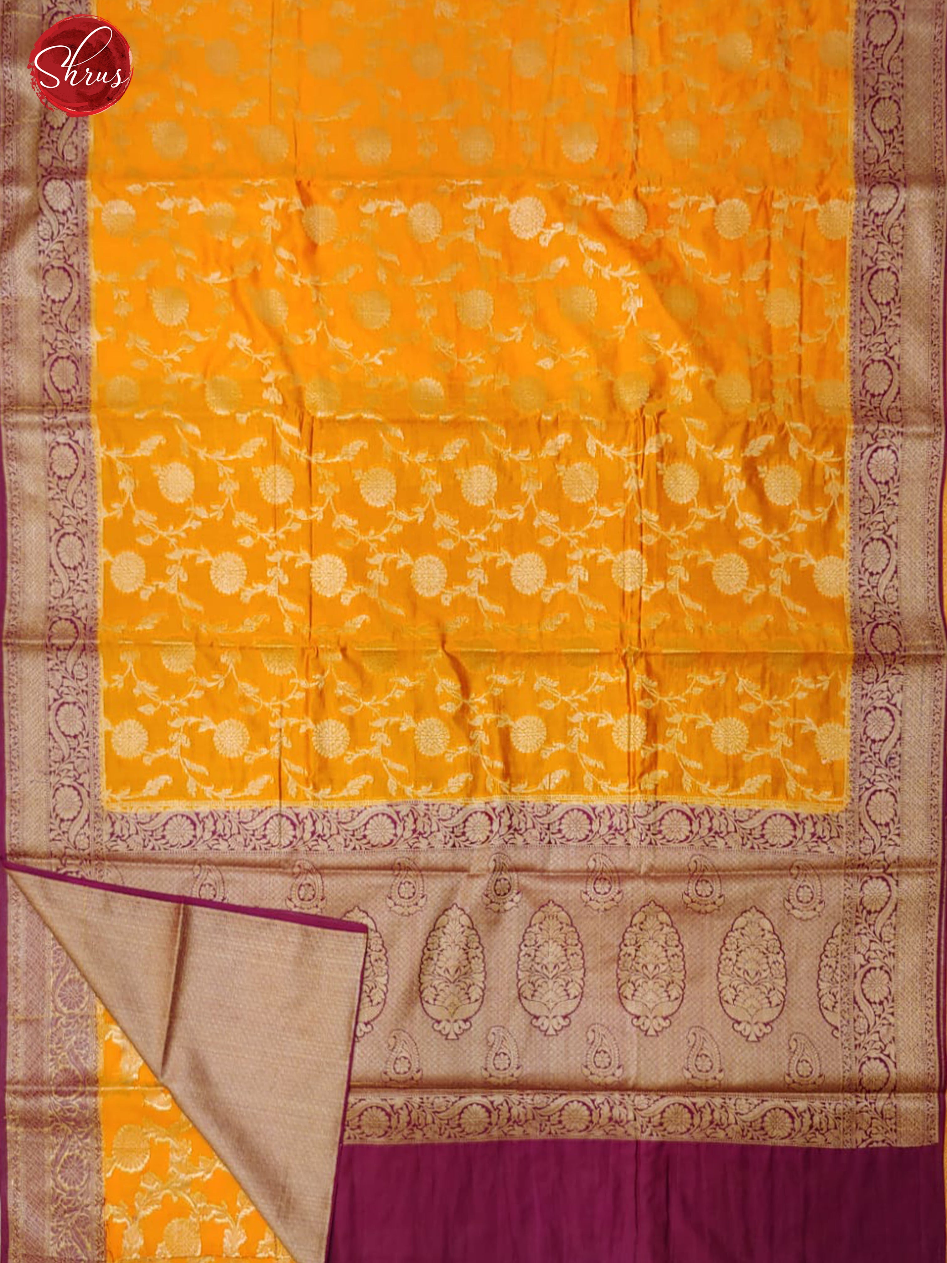 Yellow& Purple- Semi Georgette Silk with floral nestling brocade on the body & Contrast Zari Border - Shop on ShrusEternity.com