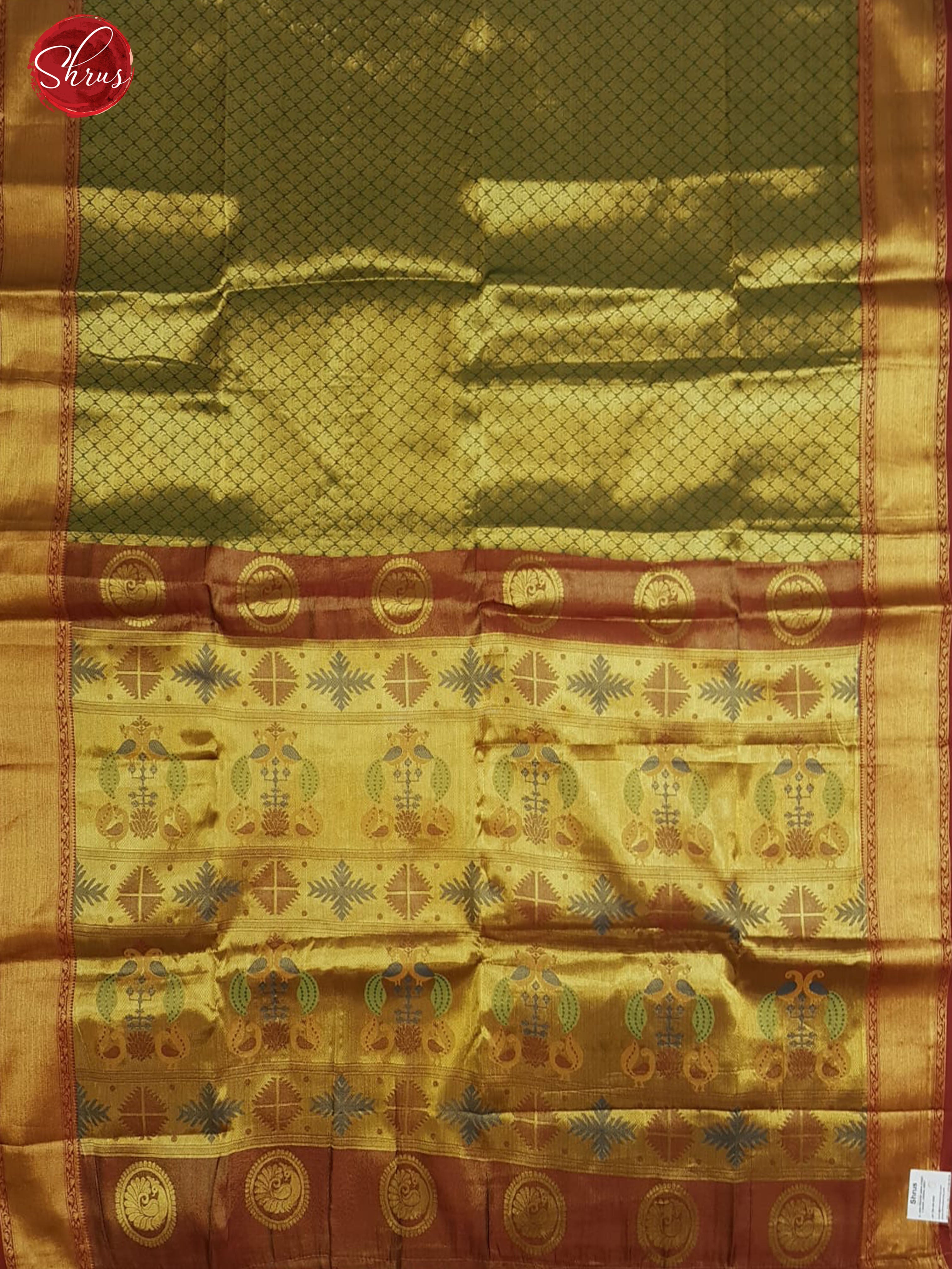 Green & Red - Semi Kanchipuram Dola SIlk with zari woven floral brocade on the body& Contrast Zari Border - Shop on ShrusEternity.com