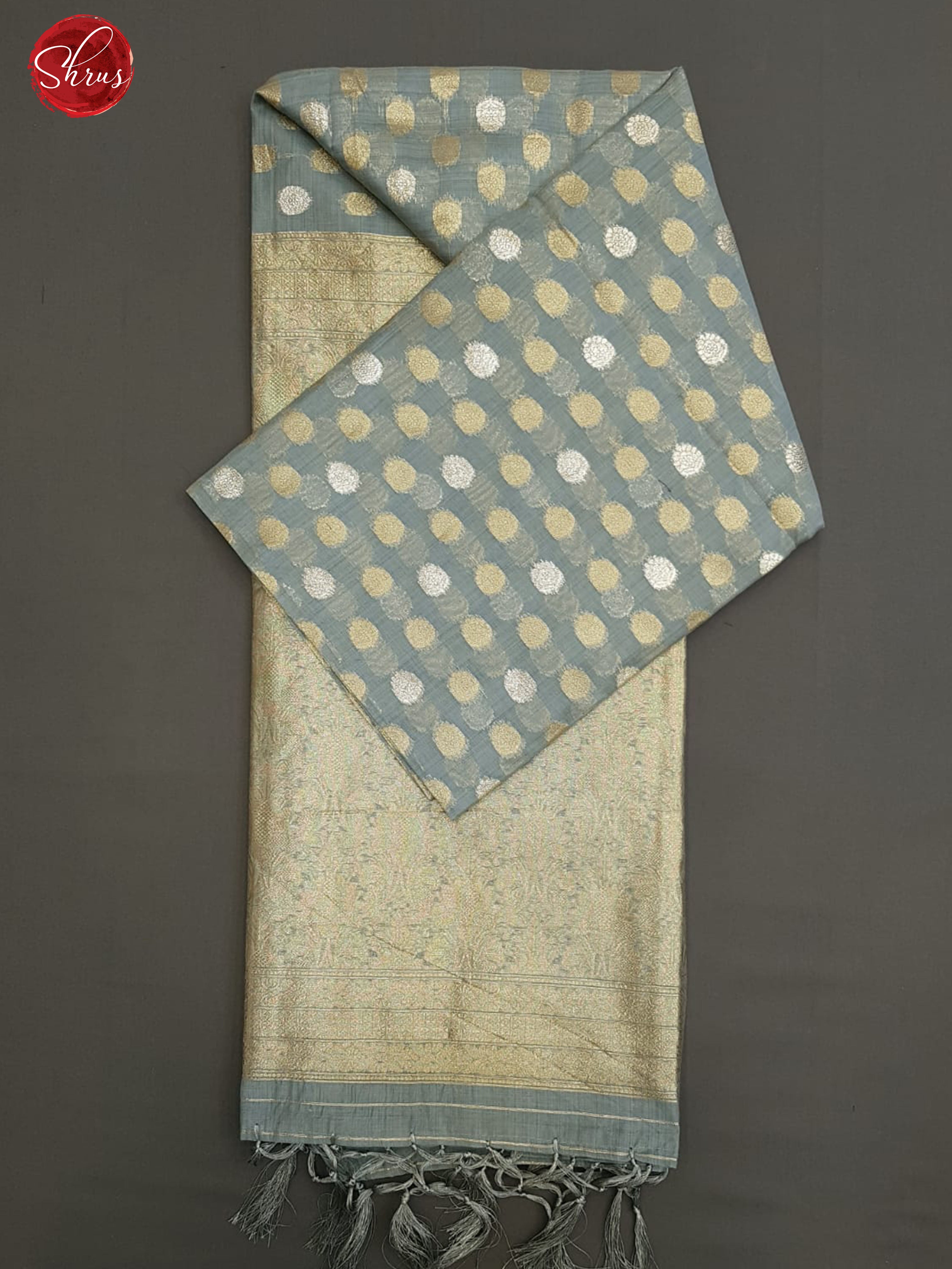 Grey(Single Tone)- Semi Banarasi with gold, silver zari buttas on the body& zari Border - Shop on ShrusEternity.com