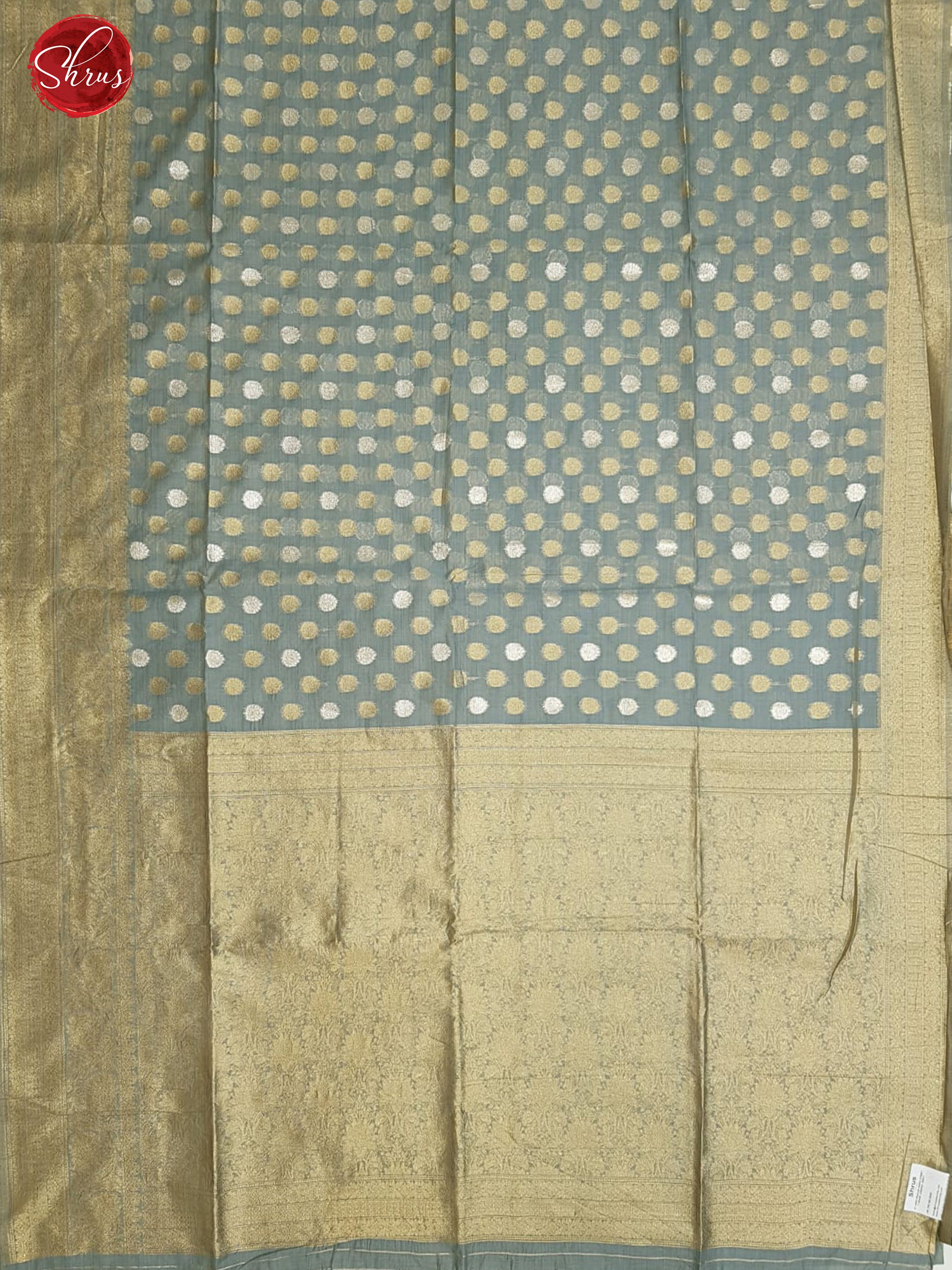 Grey(Single Tone)- Semi Banarasi with gold, silver zari buttas on the body& zari Border - Shop on ShrusEternity.com