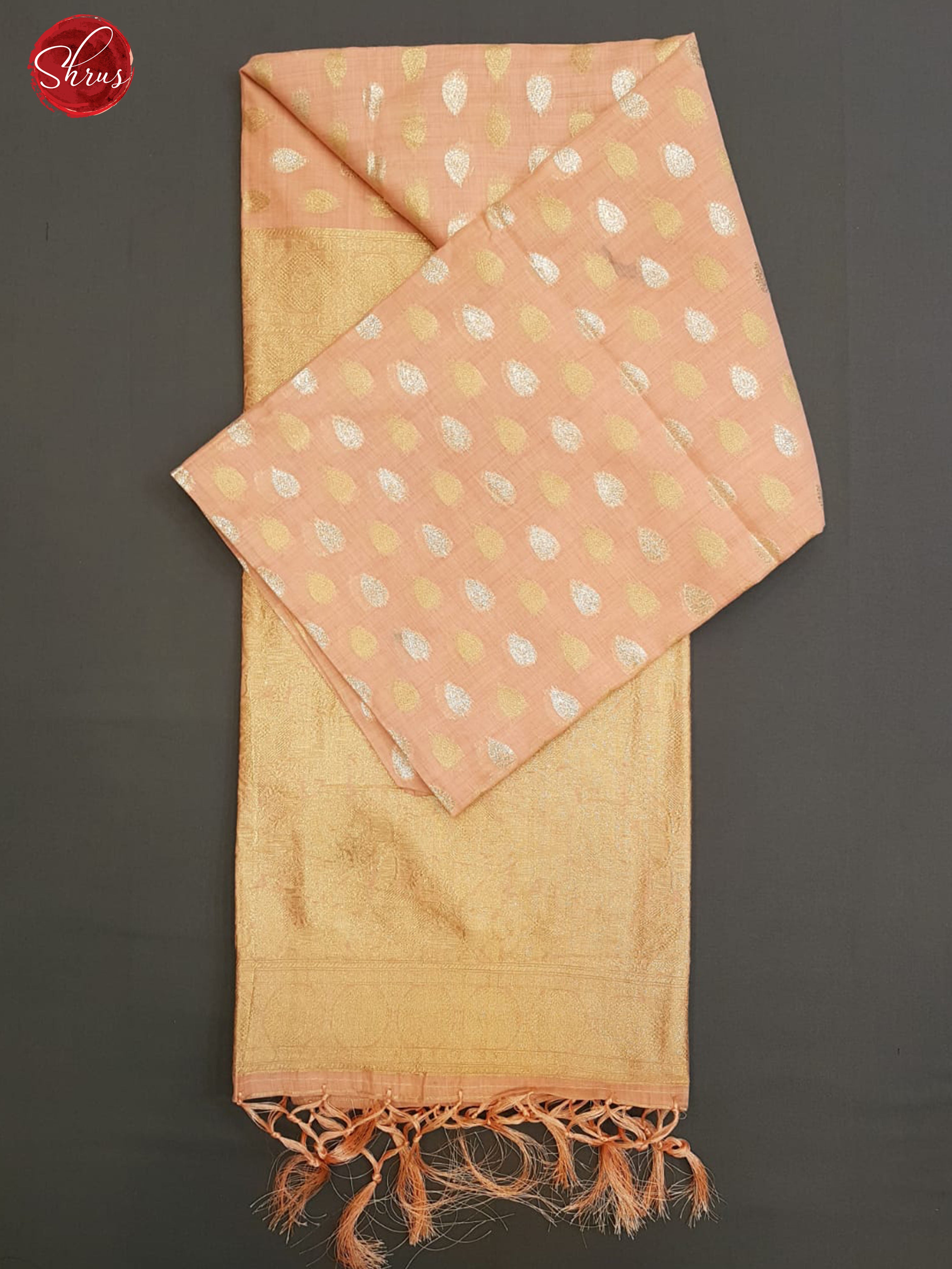 Peach(Single Tone)- Semi Banarasi with gold, silver zari buttas on the body& Zari Border - Shop on ShrusEternity.com