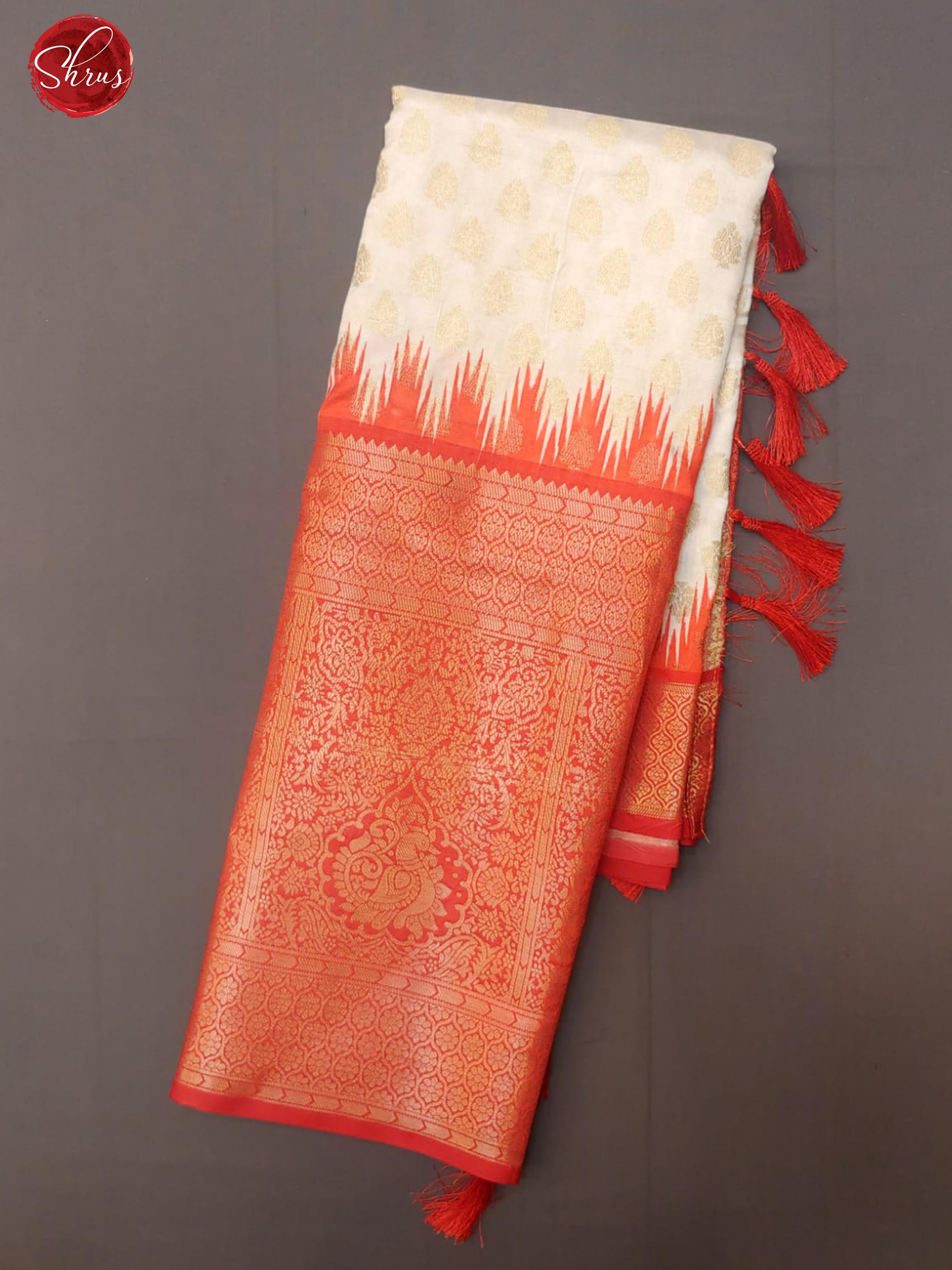 Cream & Red - Semi Dupion with zari woven floral motifs on the Body & Contrast Zari Border - Shop on ShrusEternity.com
