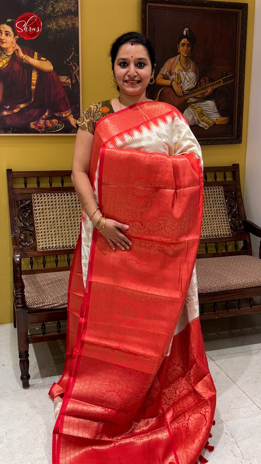 Cream & Red - Semi Dupion with zari woven floral motifs on the Body & Contrast Zari Border - Shop on ShrusEternity.com