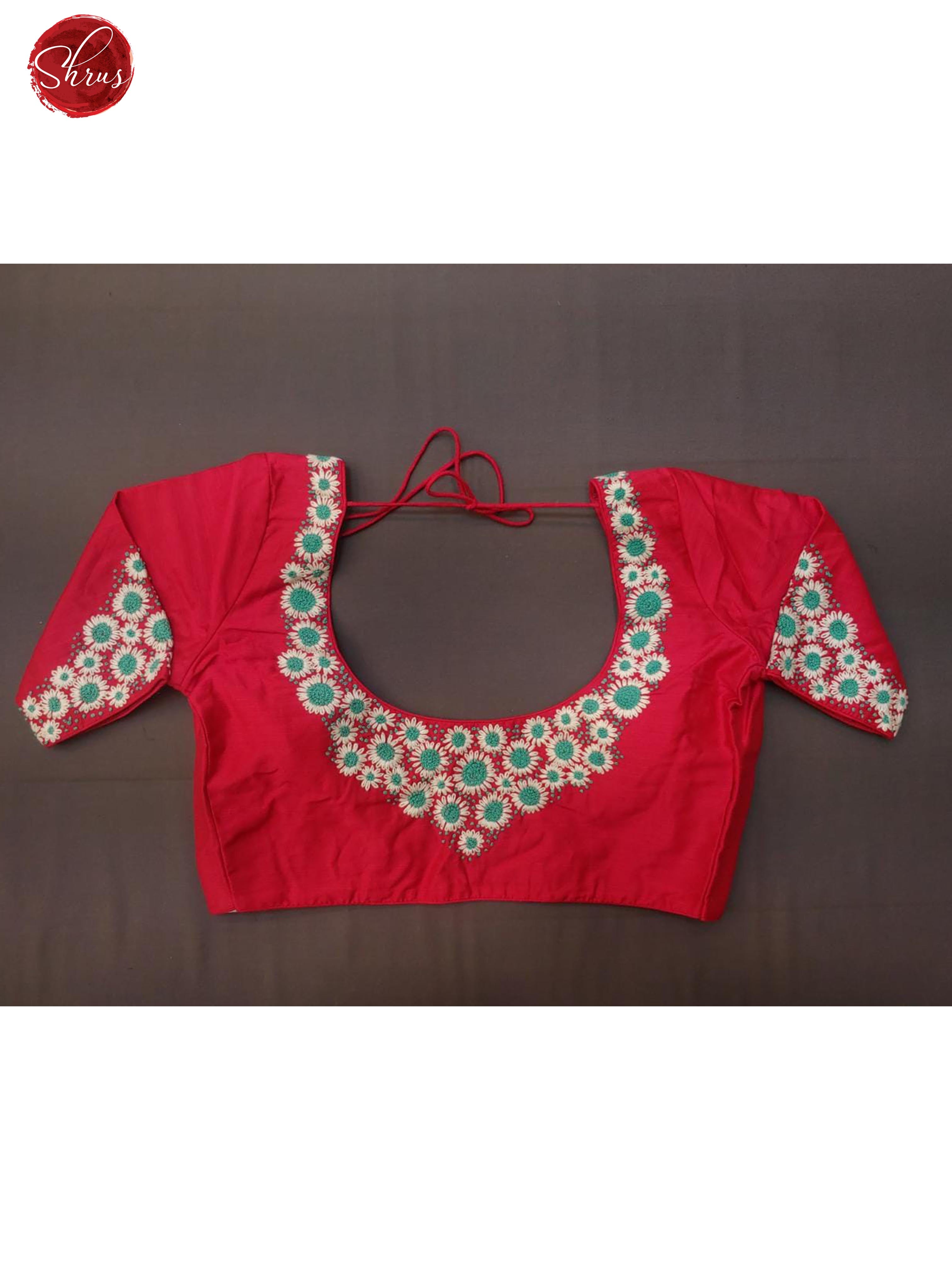 Red - Readymade embroidered floral Blouse with front hook, short sleeves , U shaped - neckline & Size - 34 - Shop on ShrusEternity.com