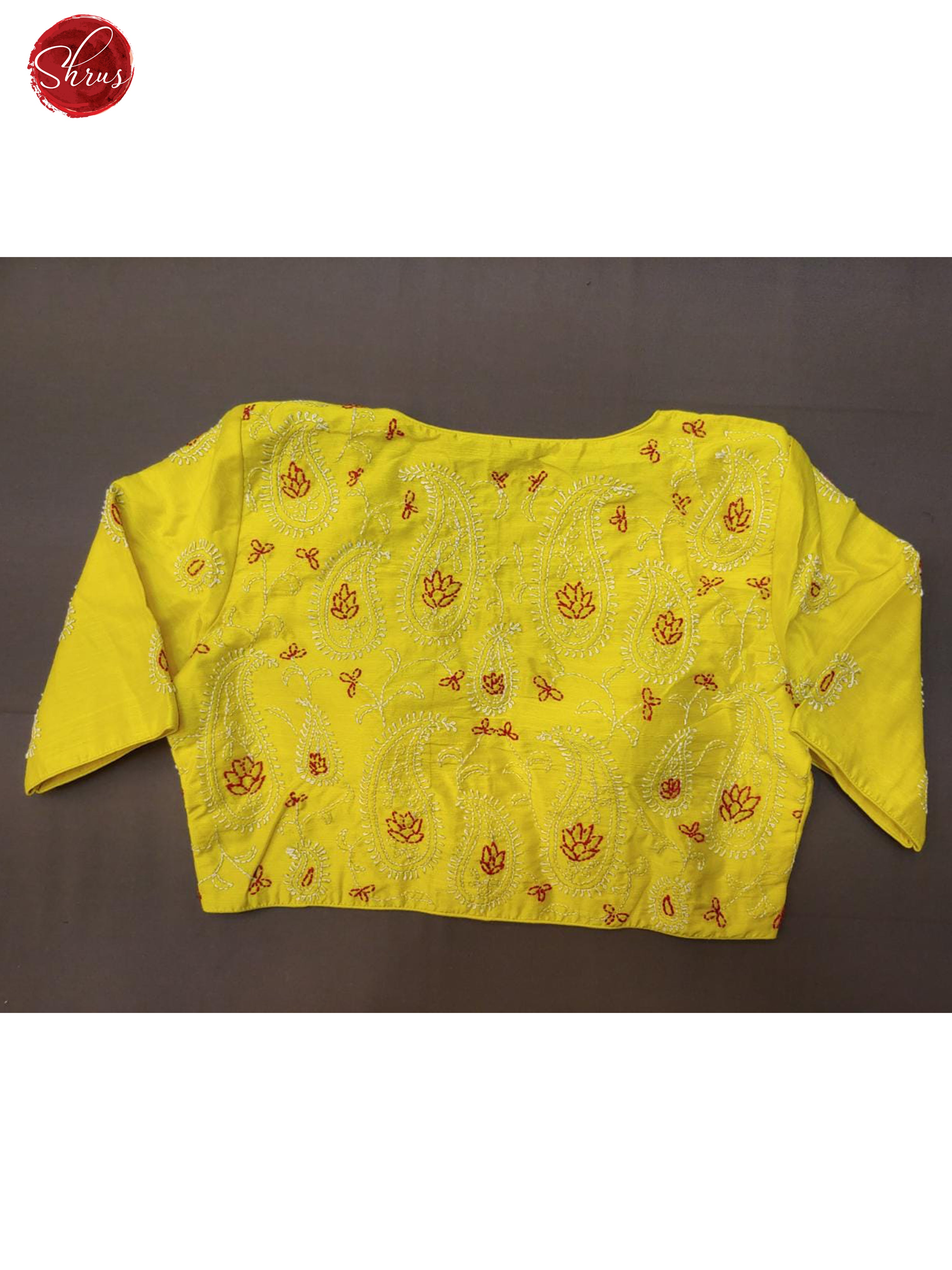 Lime Yellow - Readymade embroidered Blouse with front hook, short sleeves , boat neckline & Size - 38 - Shop on ShrusEternity.com