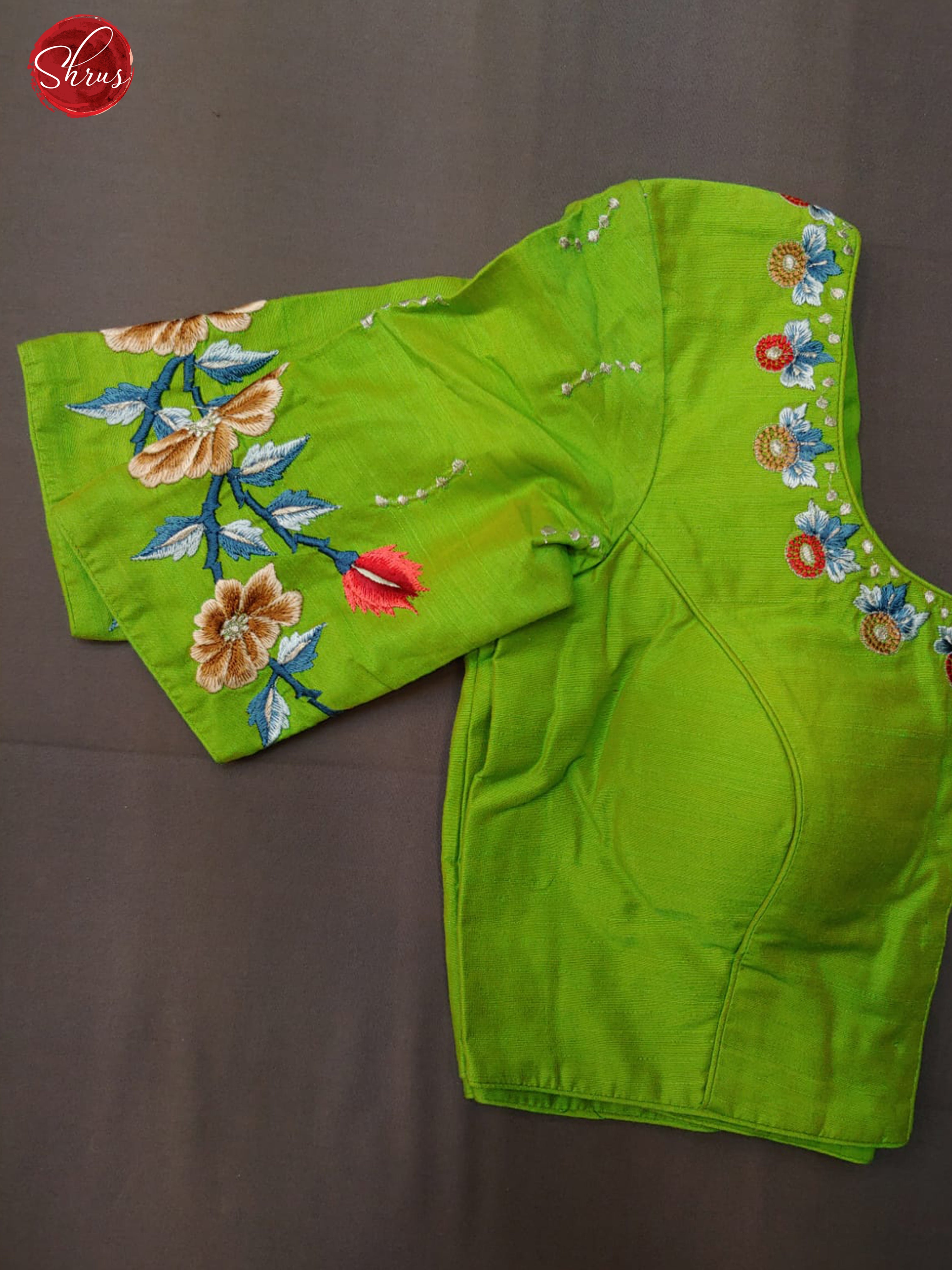 ParrotGreen - Readymade Blouse with floral embroidery , front hook , boat neck , short sleeve & Size -38 - Shop on ShrusEternity.com