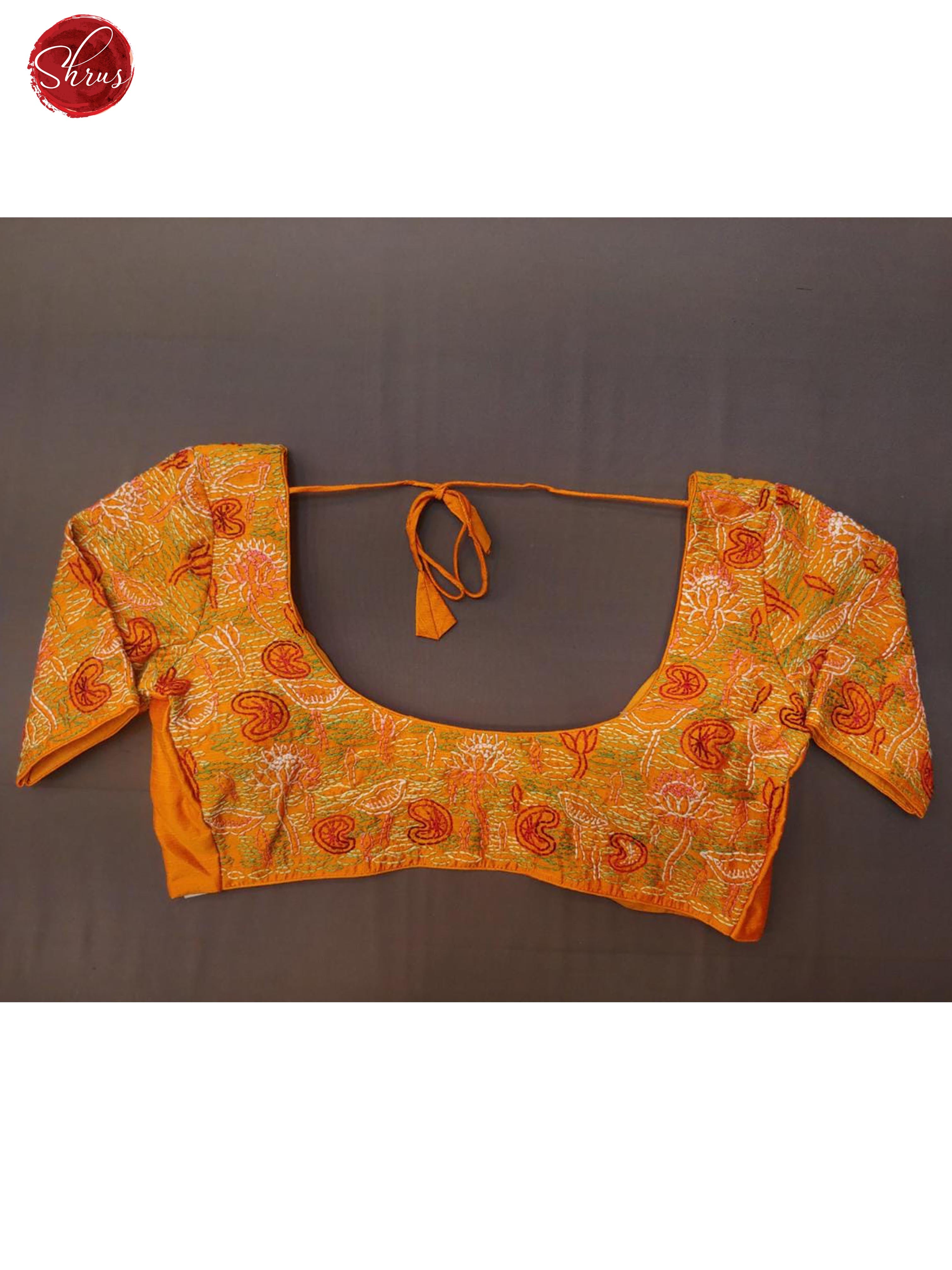 Orange -Readymade Blouse with Chikankari embroidery ,front hook, short sleeves and has a U-shape neckline & Size -34 - Shop on ShrusEternity.com
