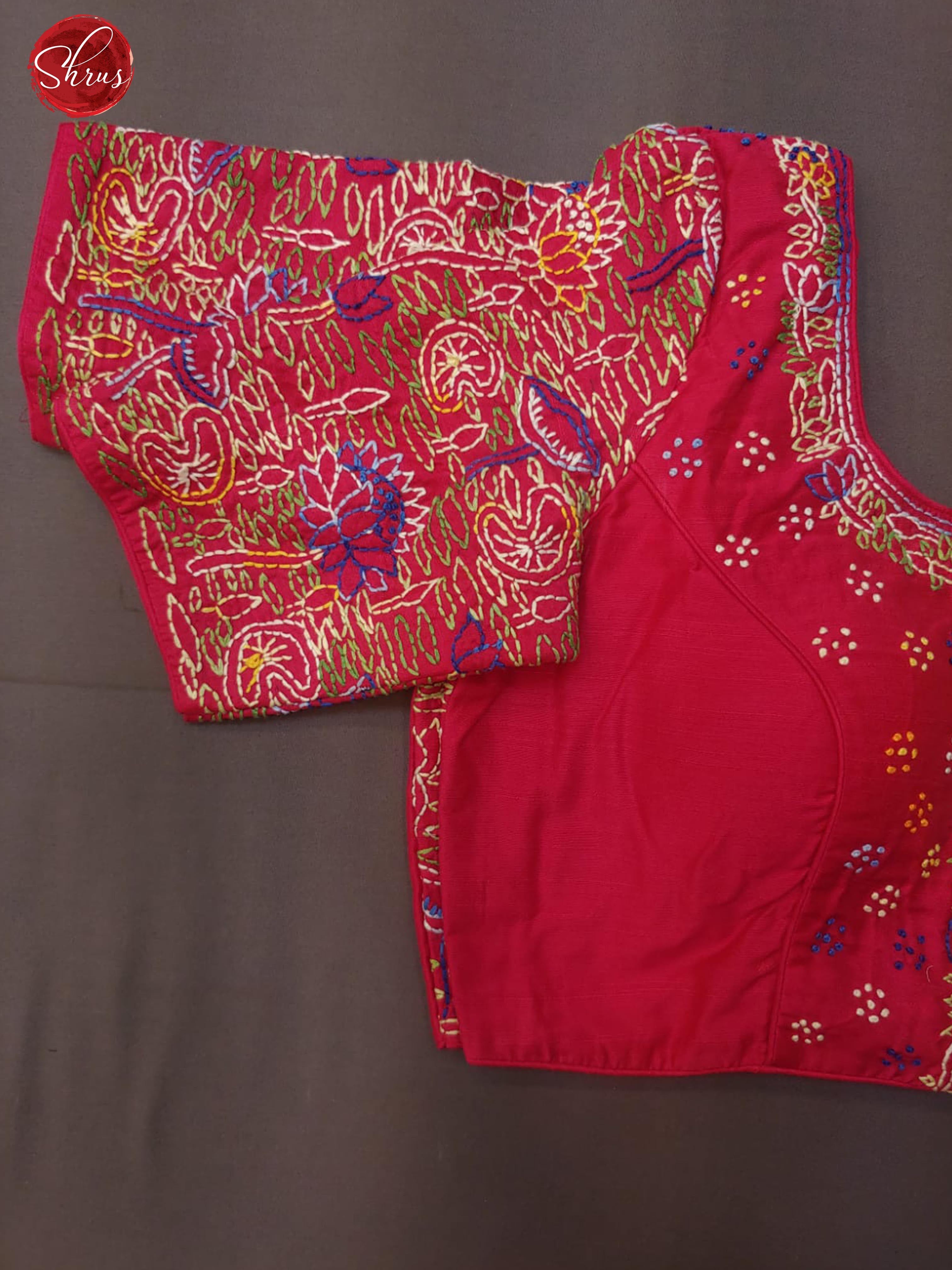 Pink -Readymade Blouse with Chikankari embroidery ,front hook, short sleeves and has a U- Shaped neckline & Size -34 - Shop on ShrusEternity.com