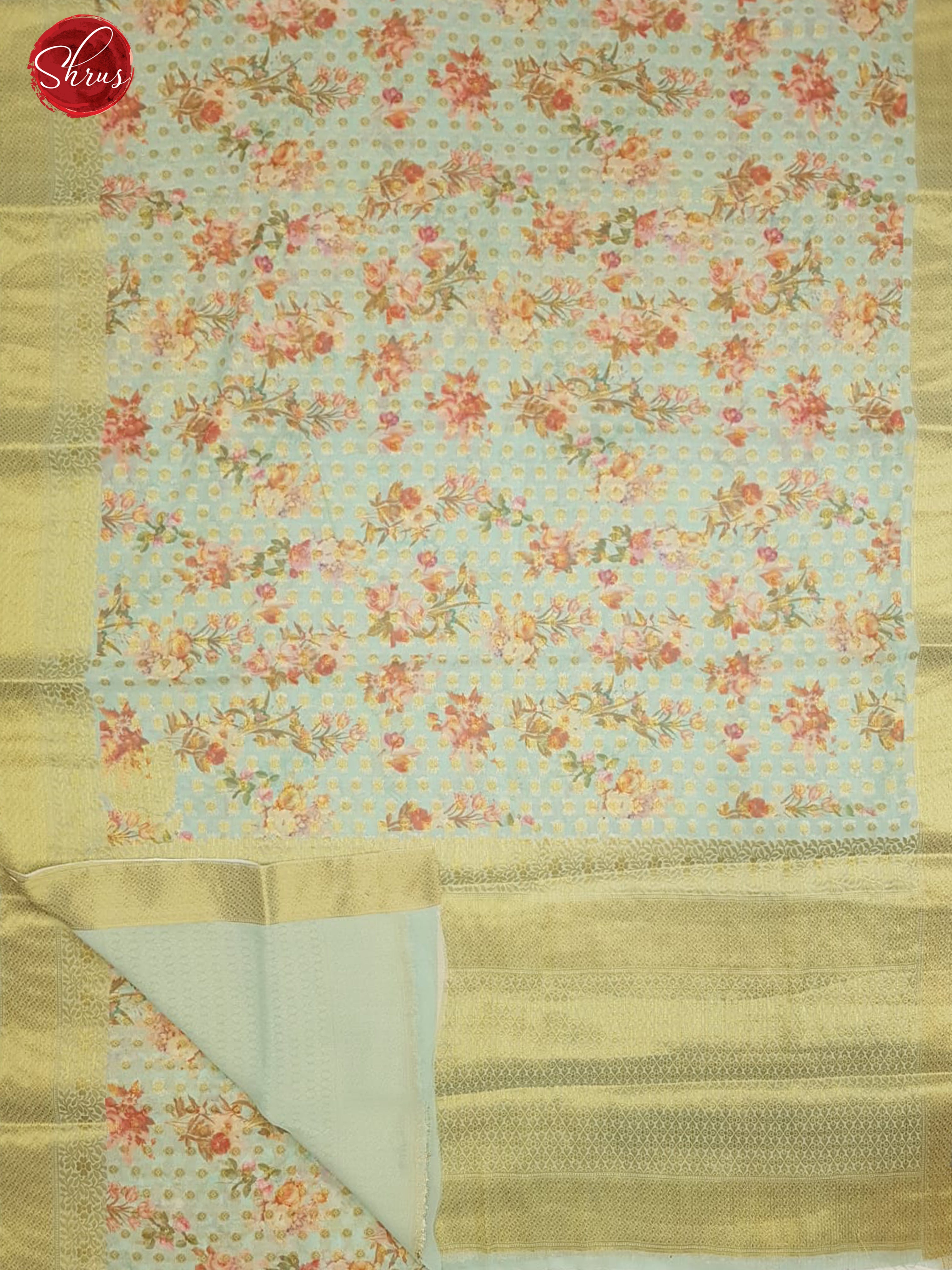 Blue(Single tone)- Semi Chiffon with zari floral buttas, floral print on the body & Zari Border - Shop on ShrusEternity.com