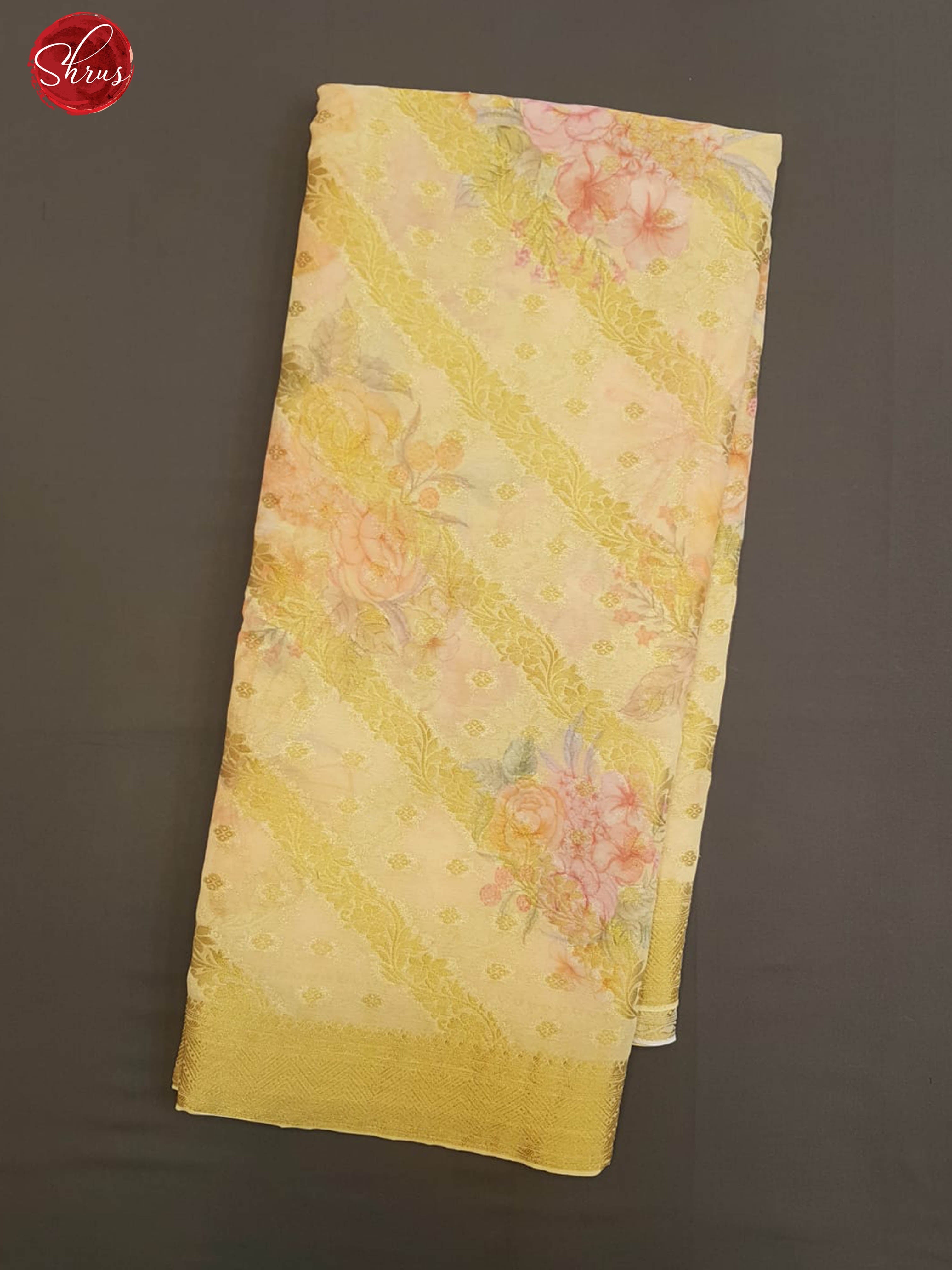 Yellow(Single Tone)- Semi Chiffon with floral print , zari woven diagonal floral vines on the body & Zari Border - Shop on ShrusEternity.com