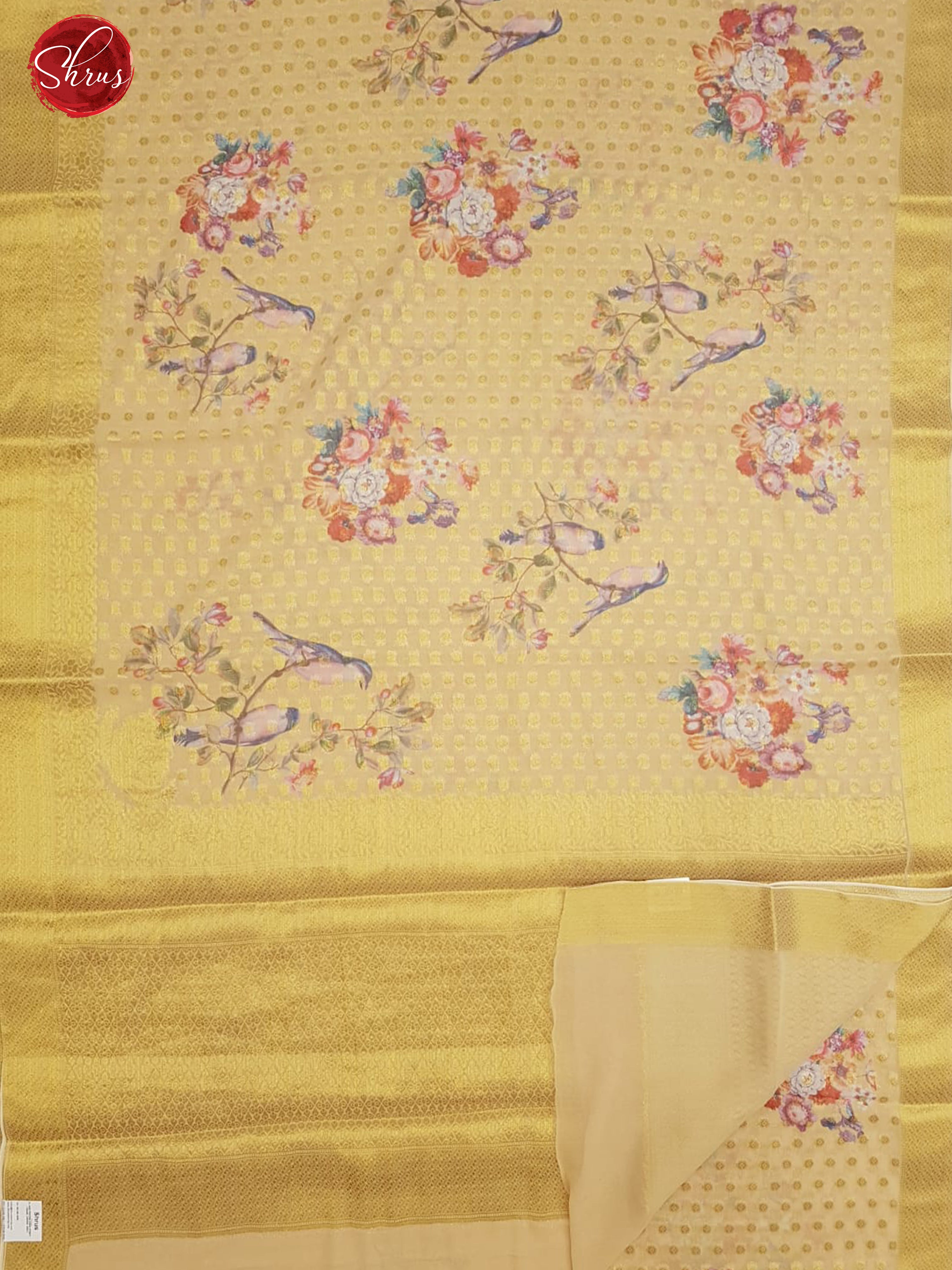 Yellow(Single tone)- Semi Chiffon with zari floral buttas , floral print on the body & Zari Border - Shop on ShrusEternity.com