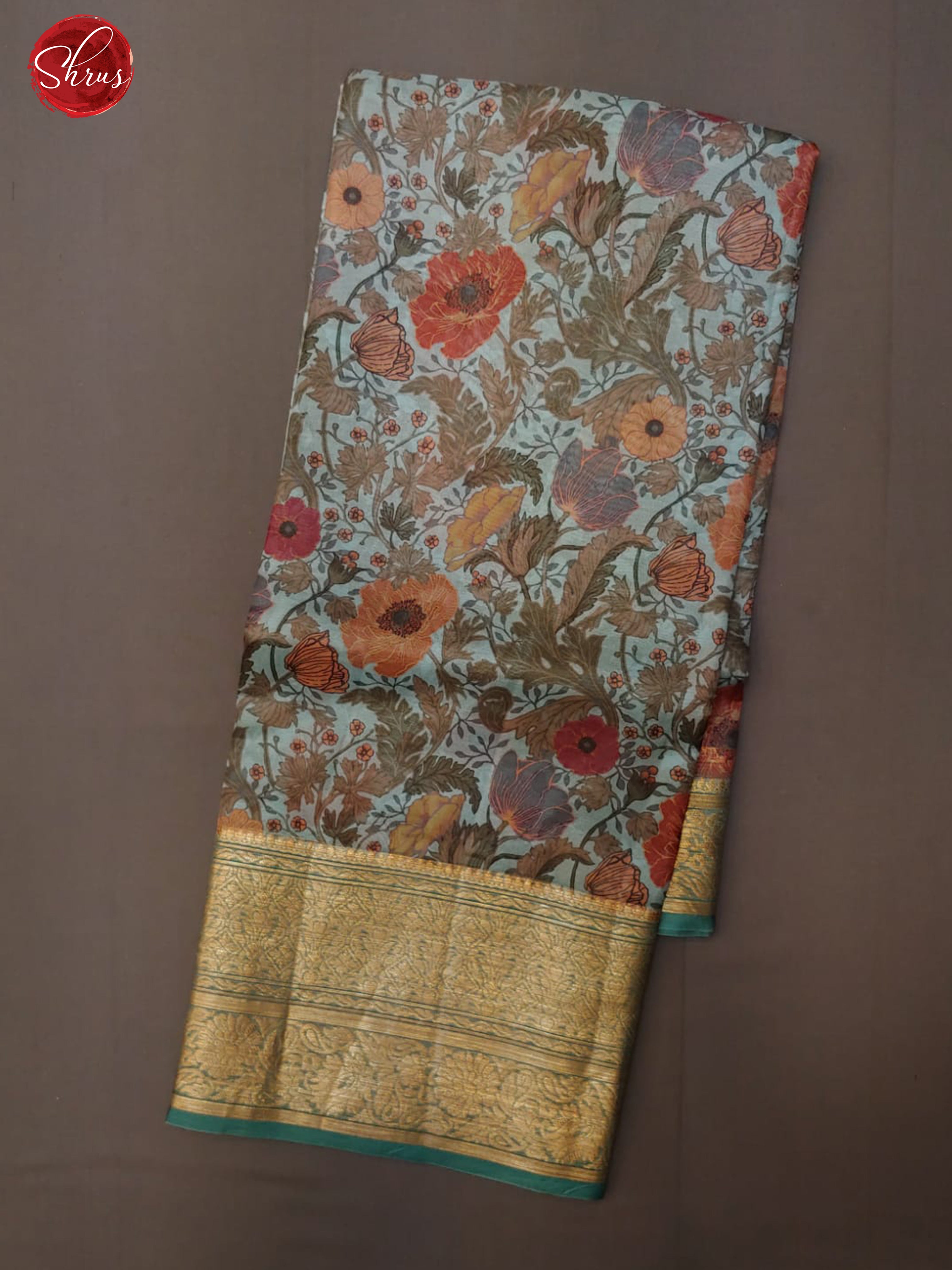 Greenish Grey(Single tone)- Organza with floral print on the body and contrast zari border - Shop on ShrusEternity.com