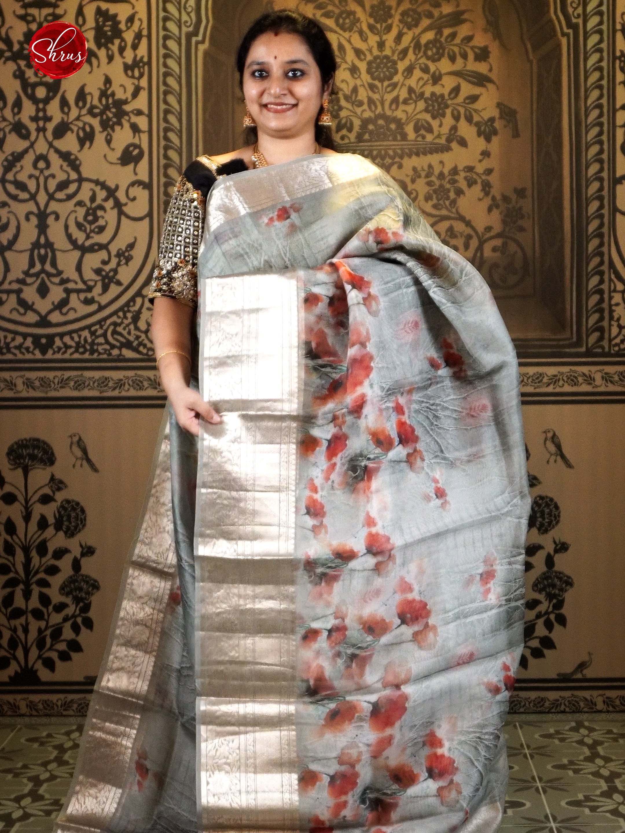 Grey(Single Tone)- Organza with floral print on the body & Zari Border - Shop on ShrusEternity.com