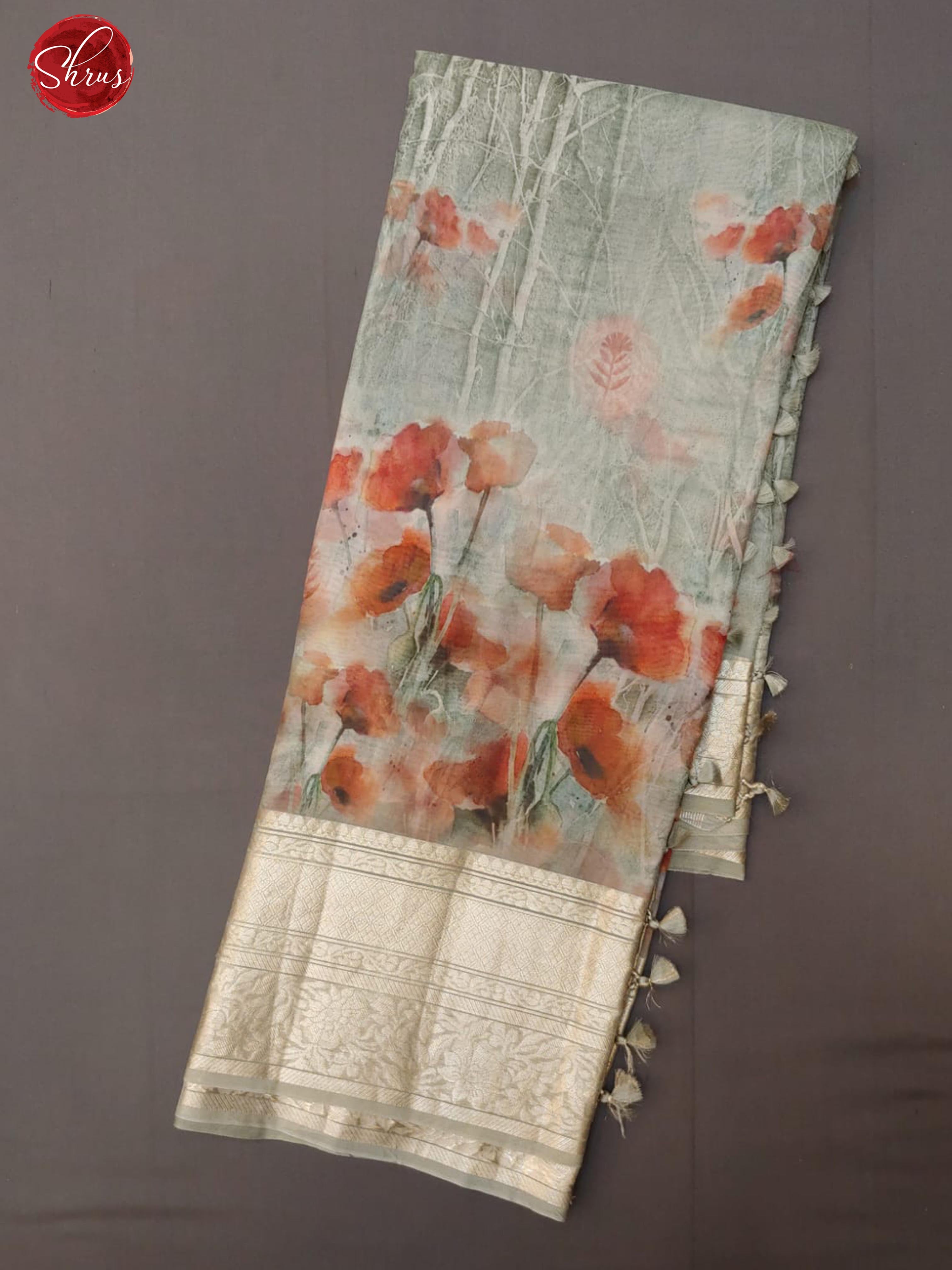 Grey(Single Tone)- Organza with floral print on the body & Zari Border - Shop on ShrusEternity.com