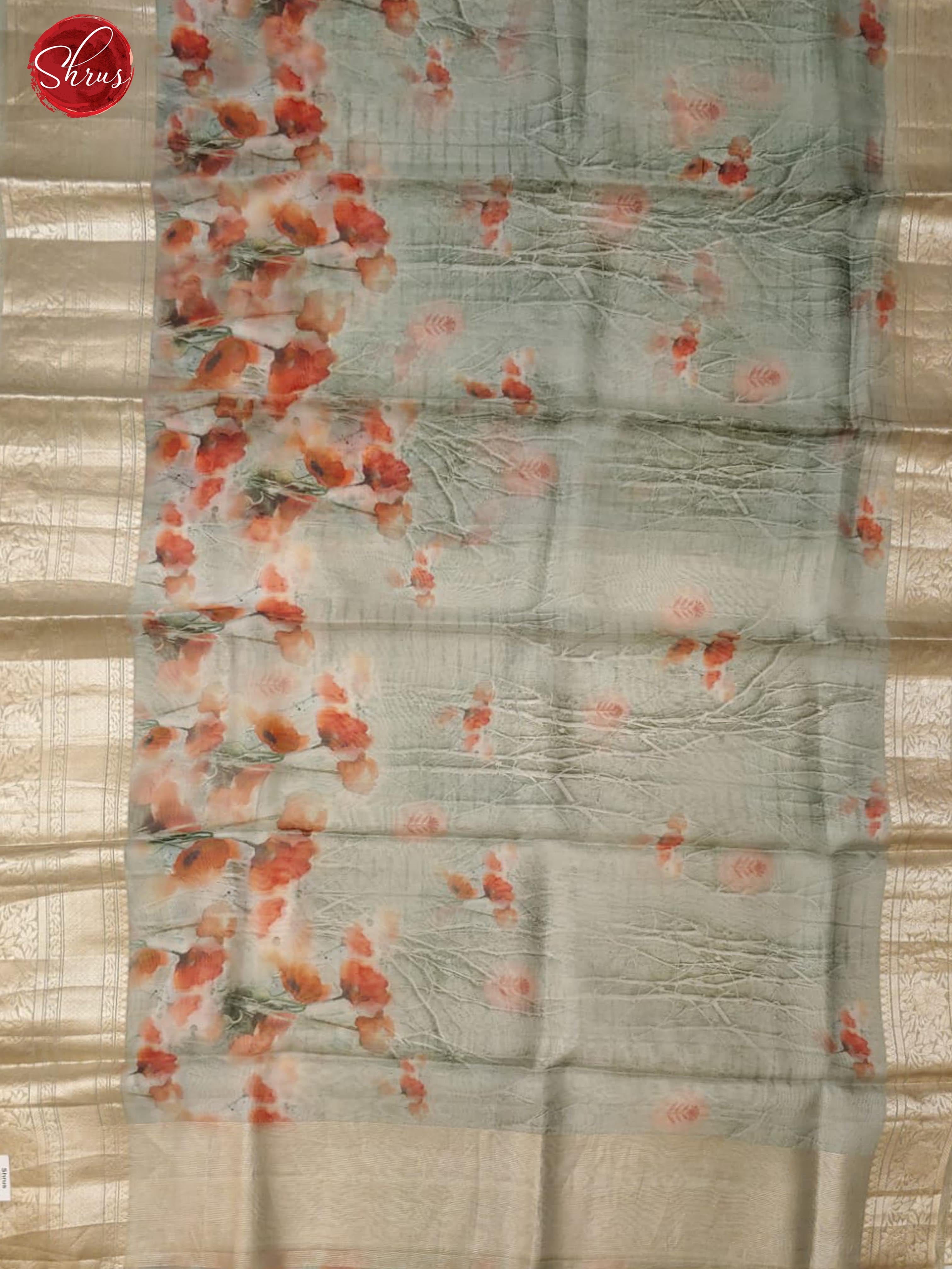 Grey(Single Tone)- Organza with floral print on the body & Zari Border - Shop on ShrusEternity.com