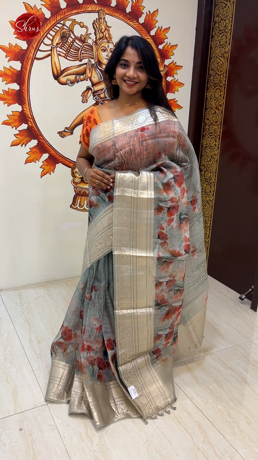 Grey(Single Tone)- Organza with floral print on the body & Zari Border - Shop on ShrusEternity.com