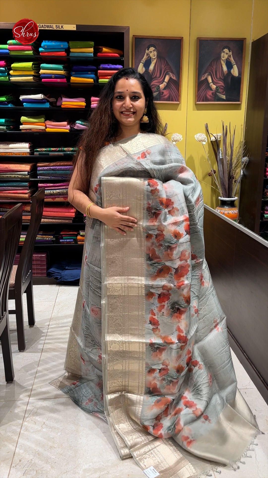 Grey(Single Tone)- Organza with floral print on the body & Zari Border - Shop on ShrusEternity.com