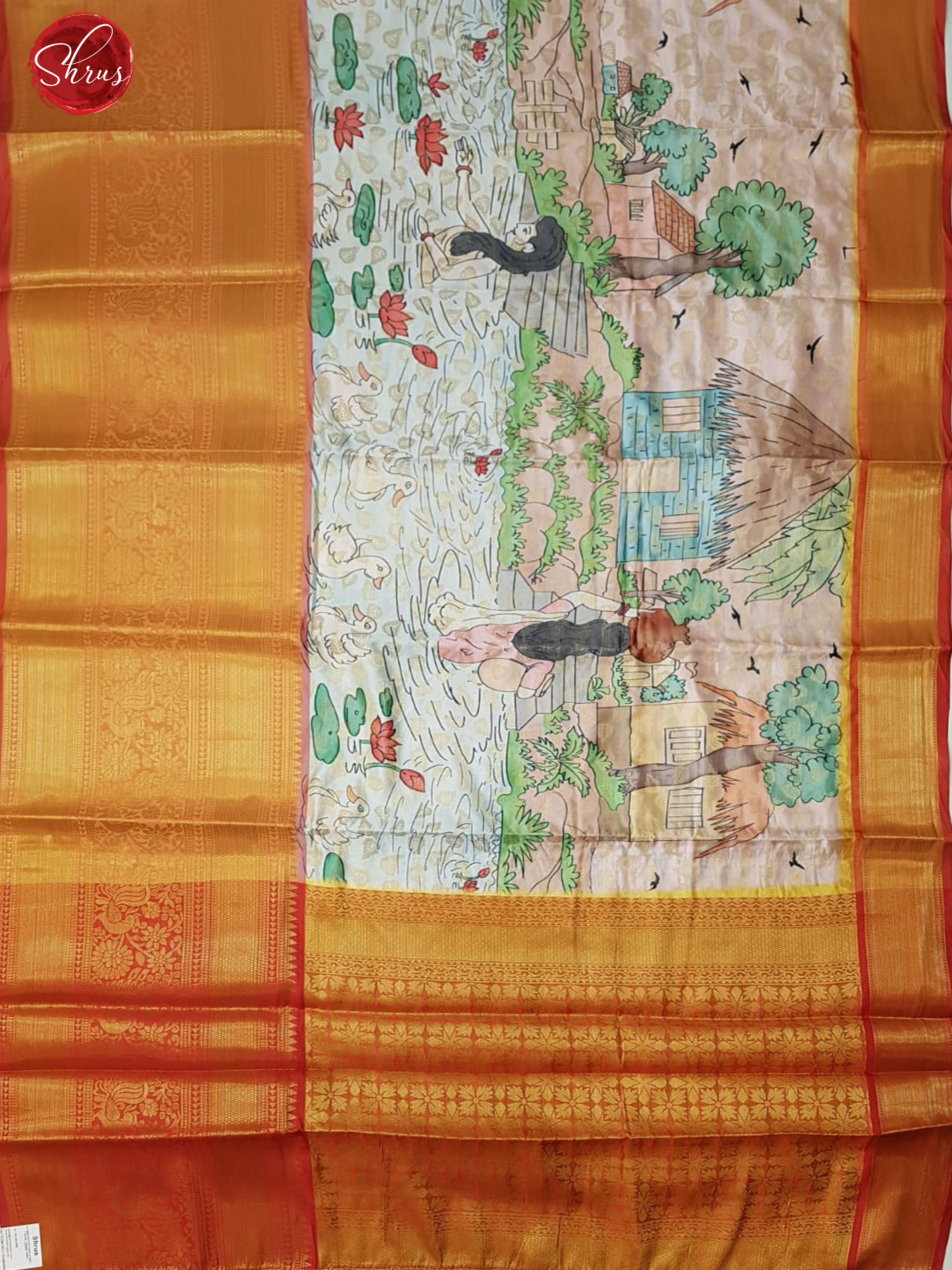 Cream & Red -Semi Dupion with digital print on the body and contrast zari border - Shop on ShrusEternity.com