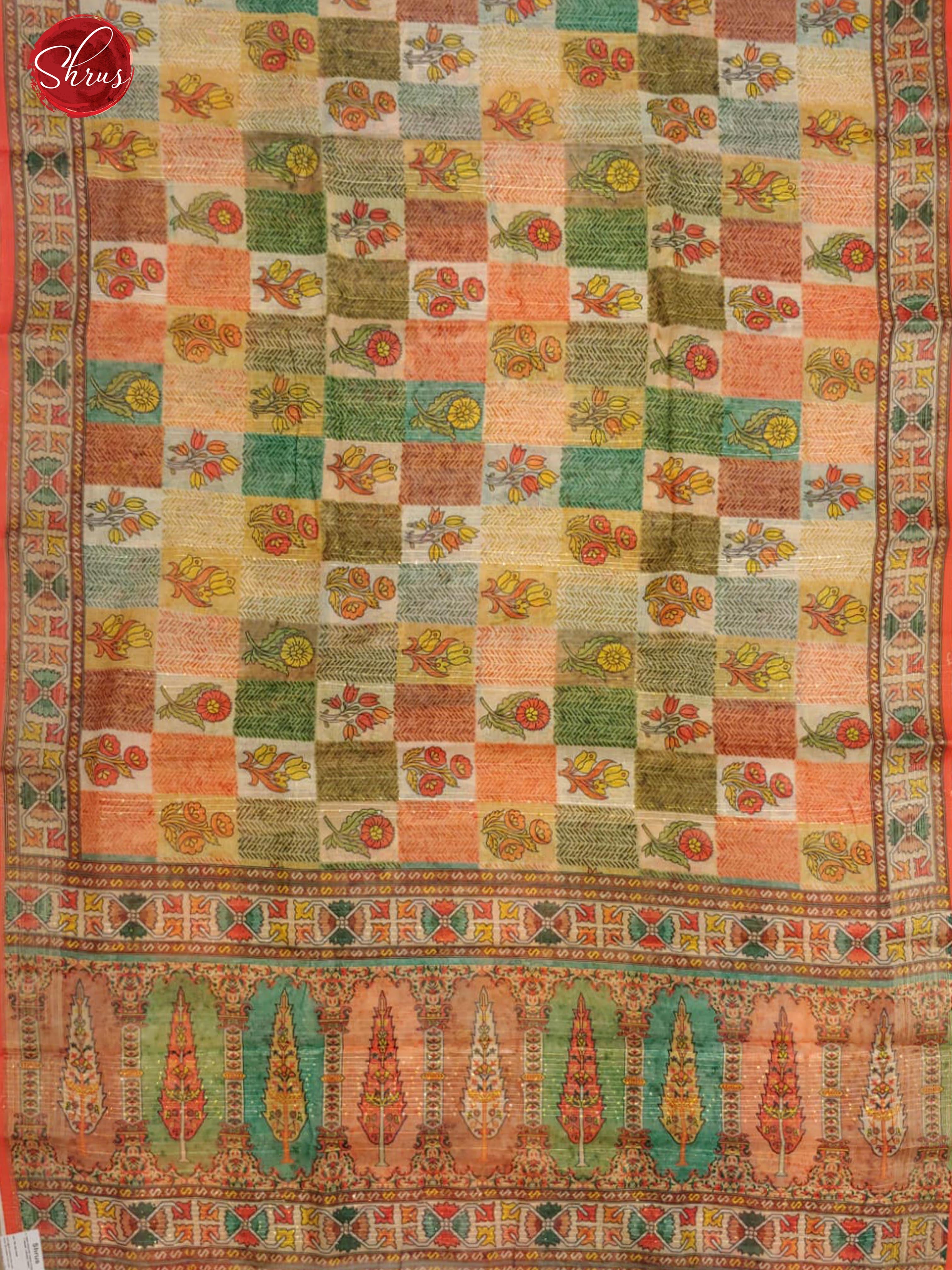 Multicolor & Orange- Art Linen with printed body & Border - Shop on ShrusEternity.com