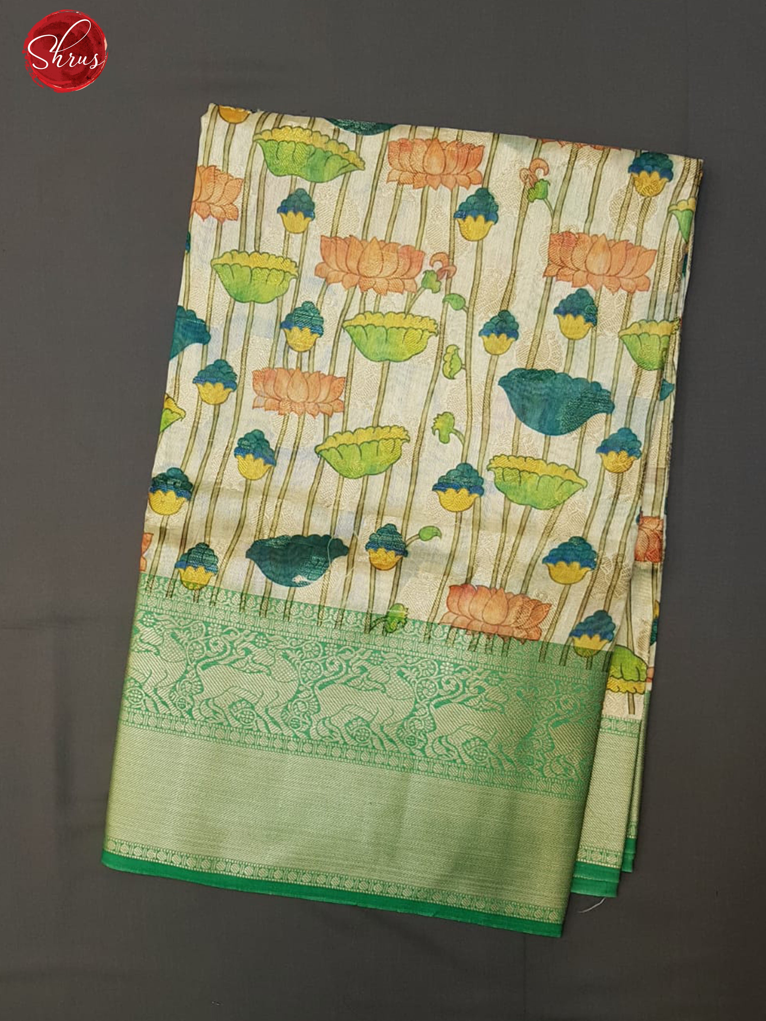 Cream & Green-Semi Dupion with floral print on the body and contrast zari border - Shop on ShrusEternity.com
