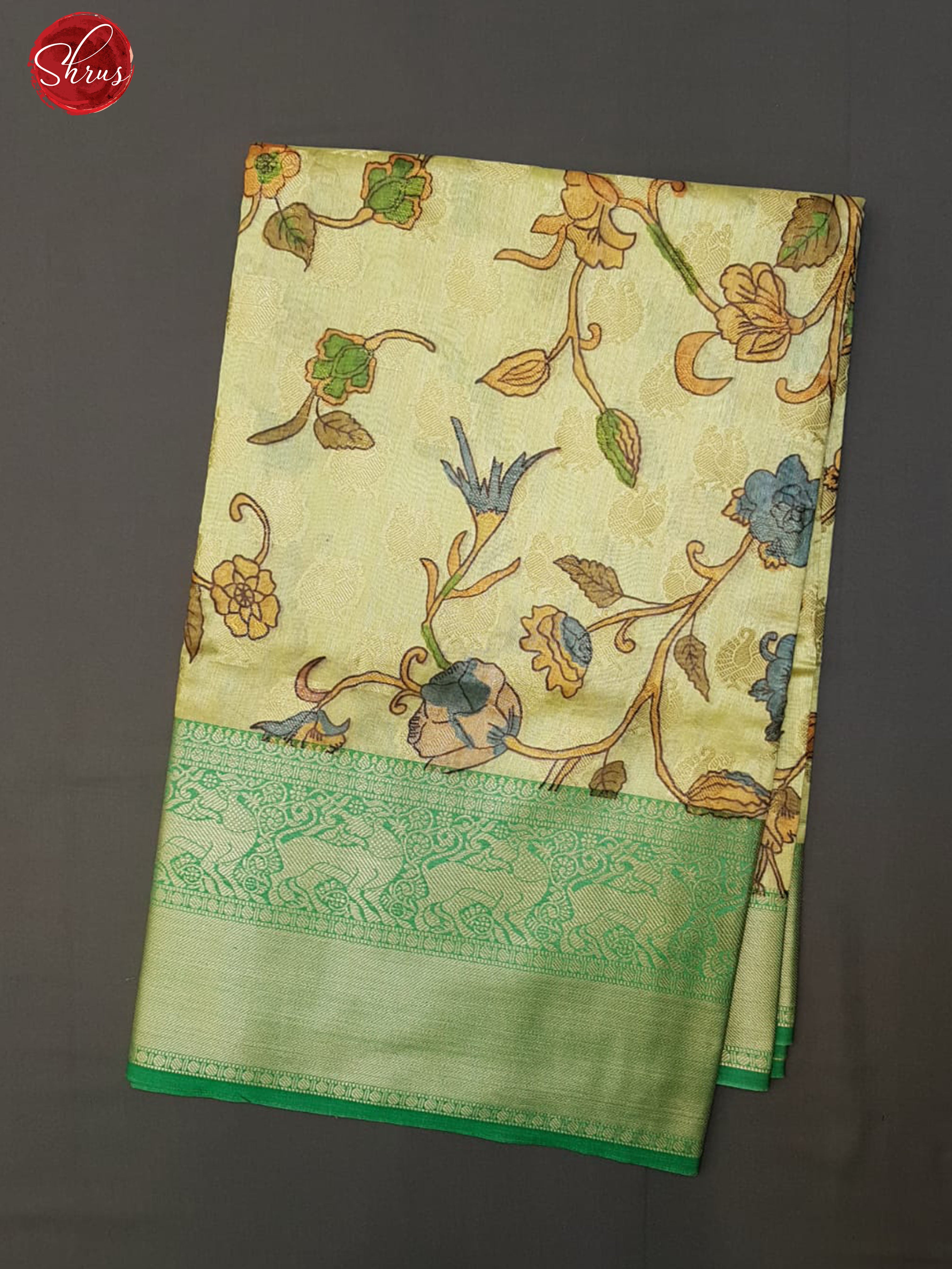 Cream & Green-Semi Dupion with floral print on the body and contrast zari border - Shop on ShrusEternity.com