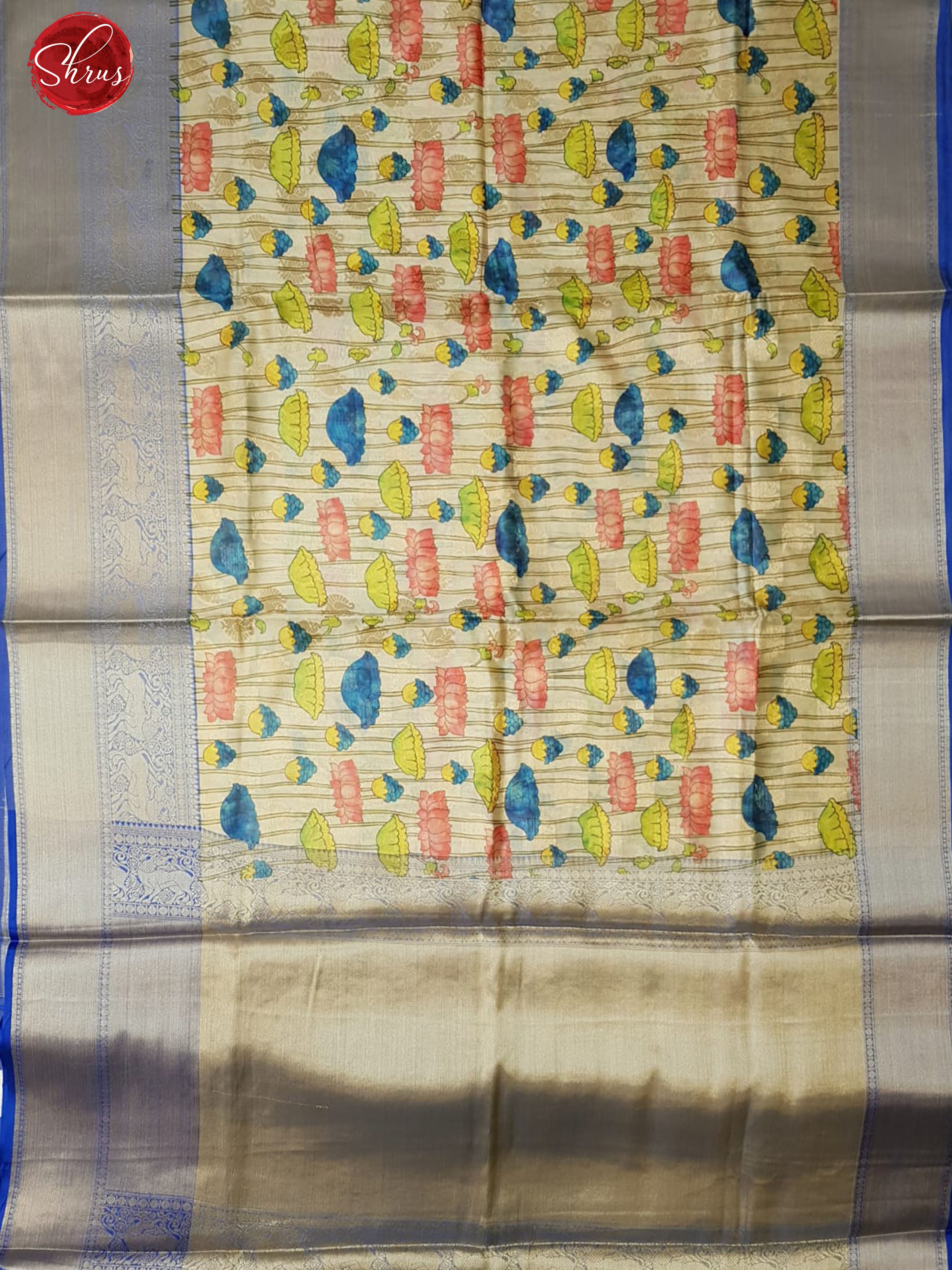 Cream & Blue -Semi Dupion with floral print on the body and contrast zari border - Shop on ShrusEternity.com