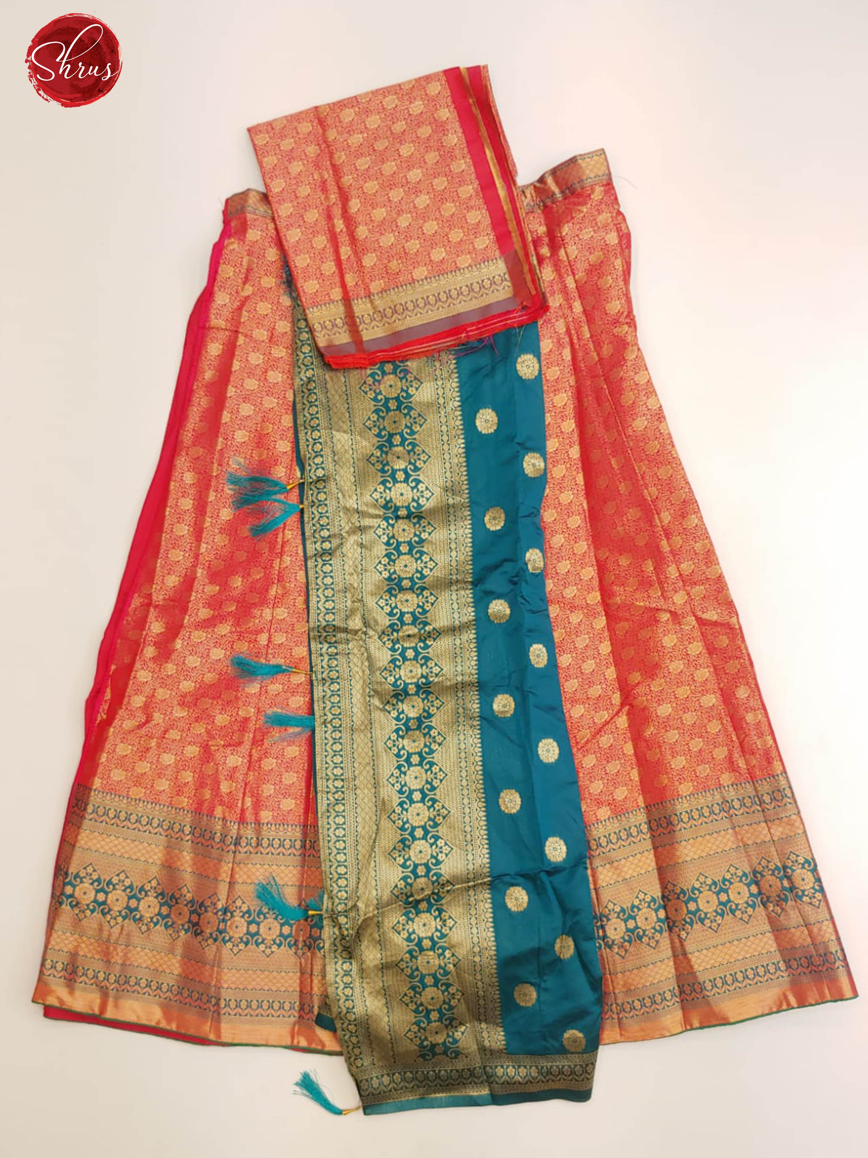 Red & Peacock Green- Chiffon Semi Stitched Lehenga with zari brocade on the skirt & Contrast Dupatta - Shop on ShrusEternity.com