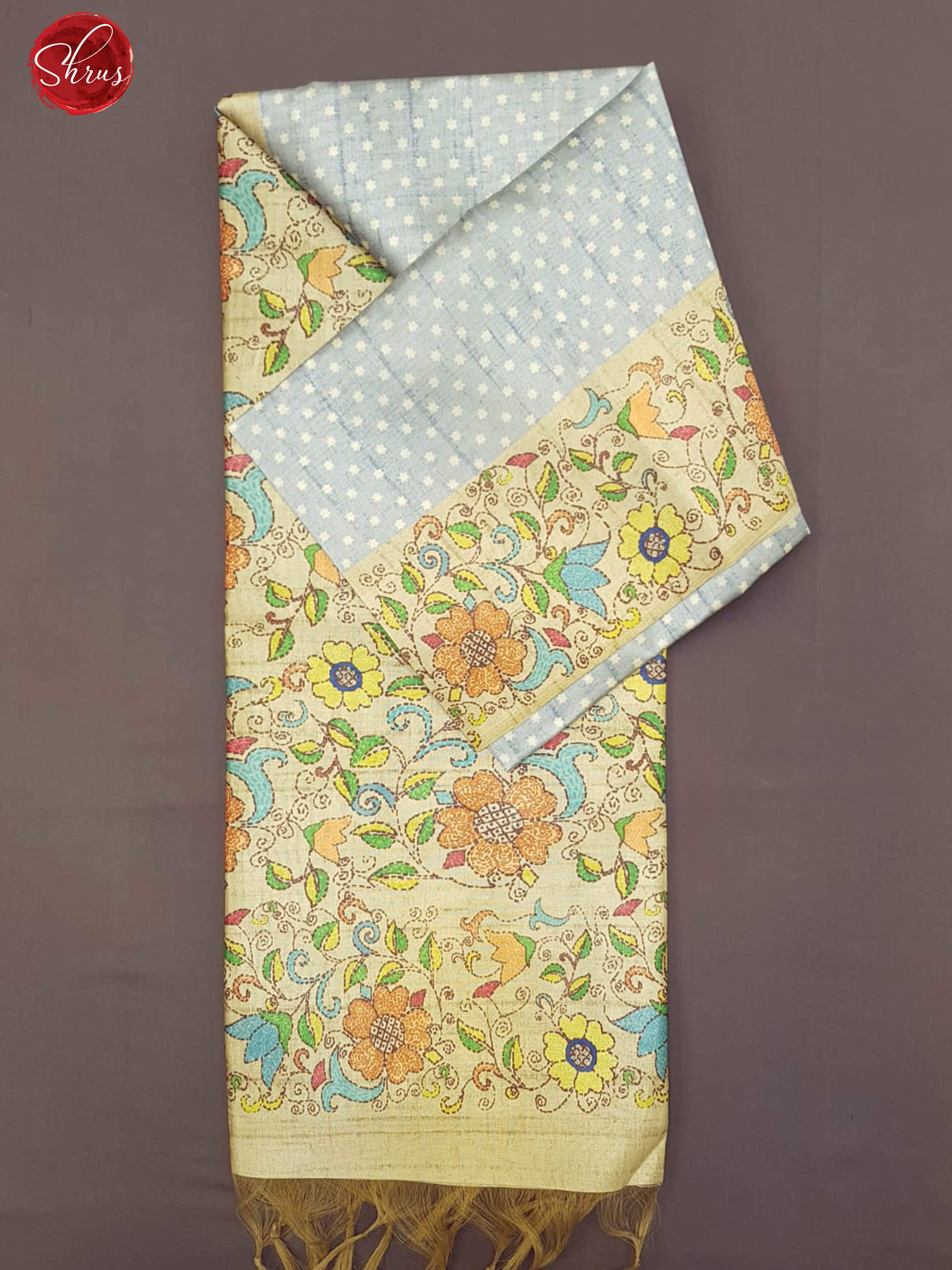 Bluish Grey and Cream- Semi Tussar with printed body and contrast border - Shop on ShrusEternity.com