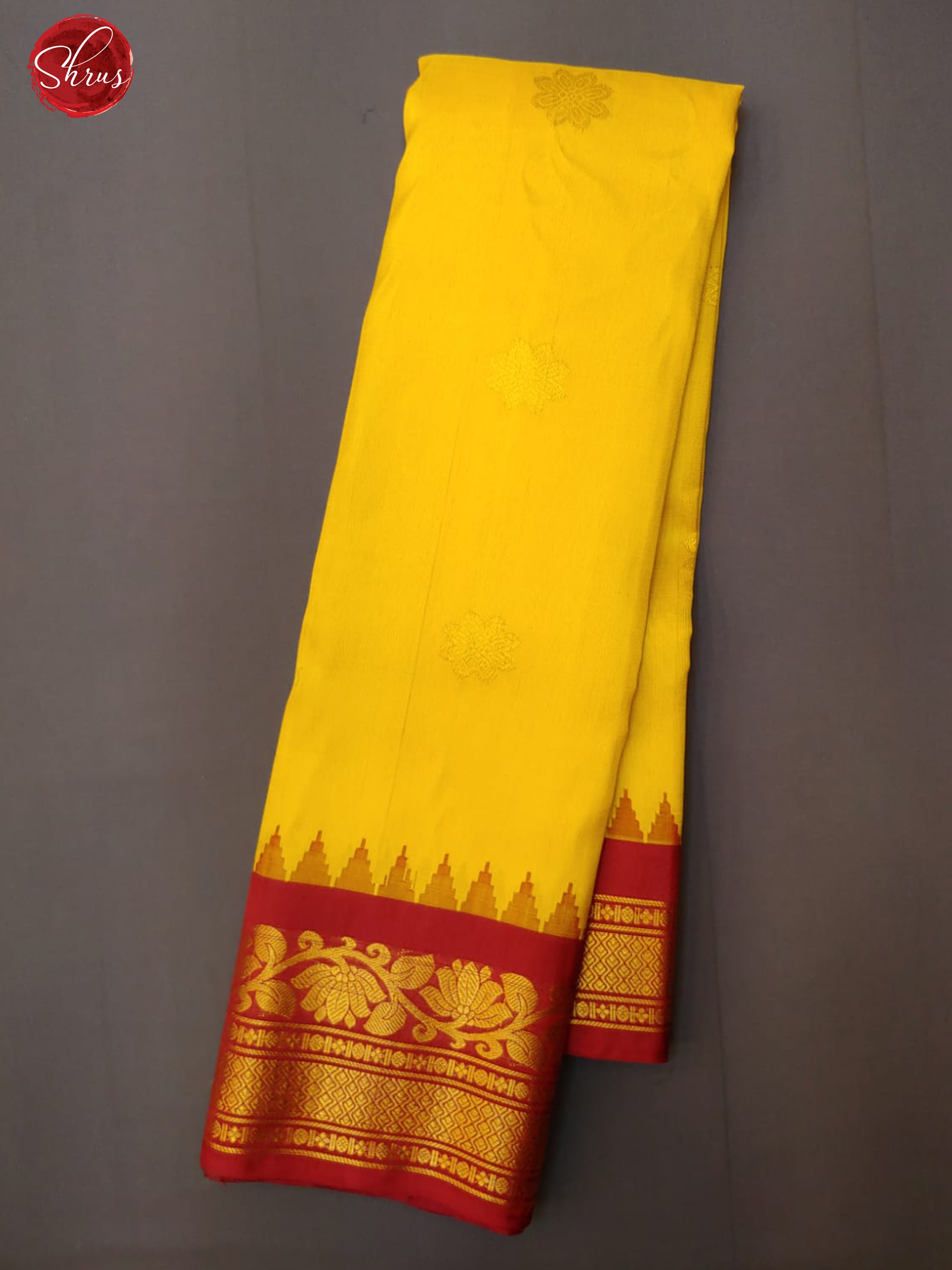 Yellow & Red - Gadwal Silk with zari woven floral buttas on the body & Contrast Zari Border - Shop on ShrusEternity.com