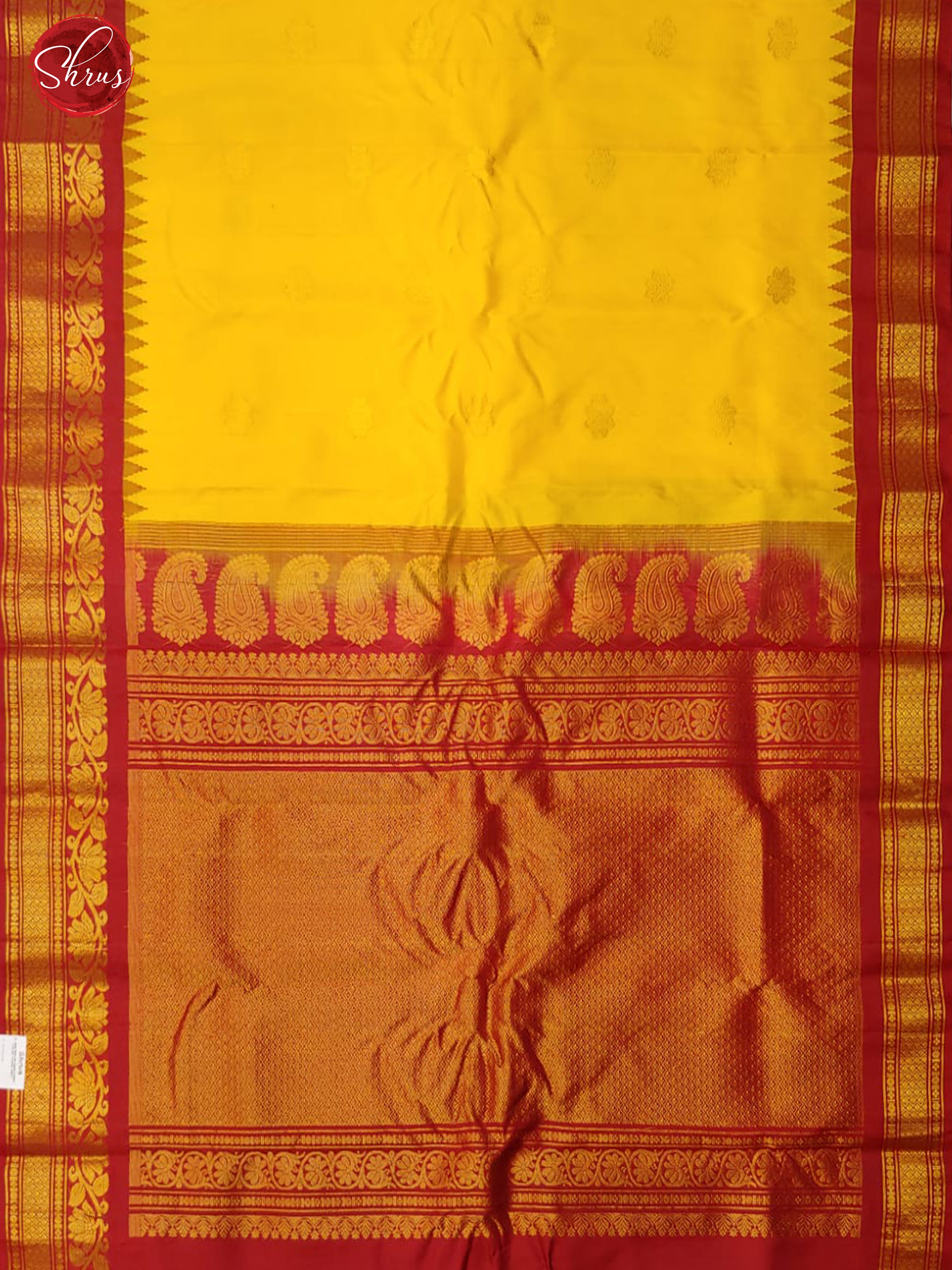 Yellow & Red - Gadwal Silk with zari woven floral buttas on the body & Contrast Zari Border - Shop on ShrusEternity.com