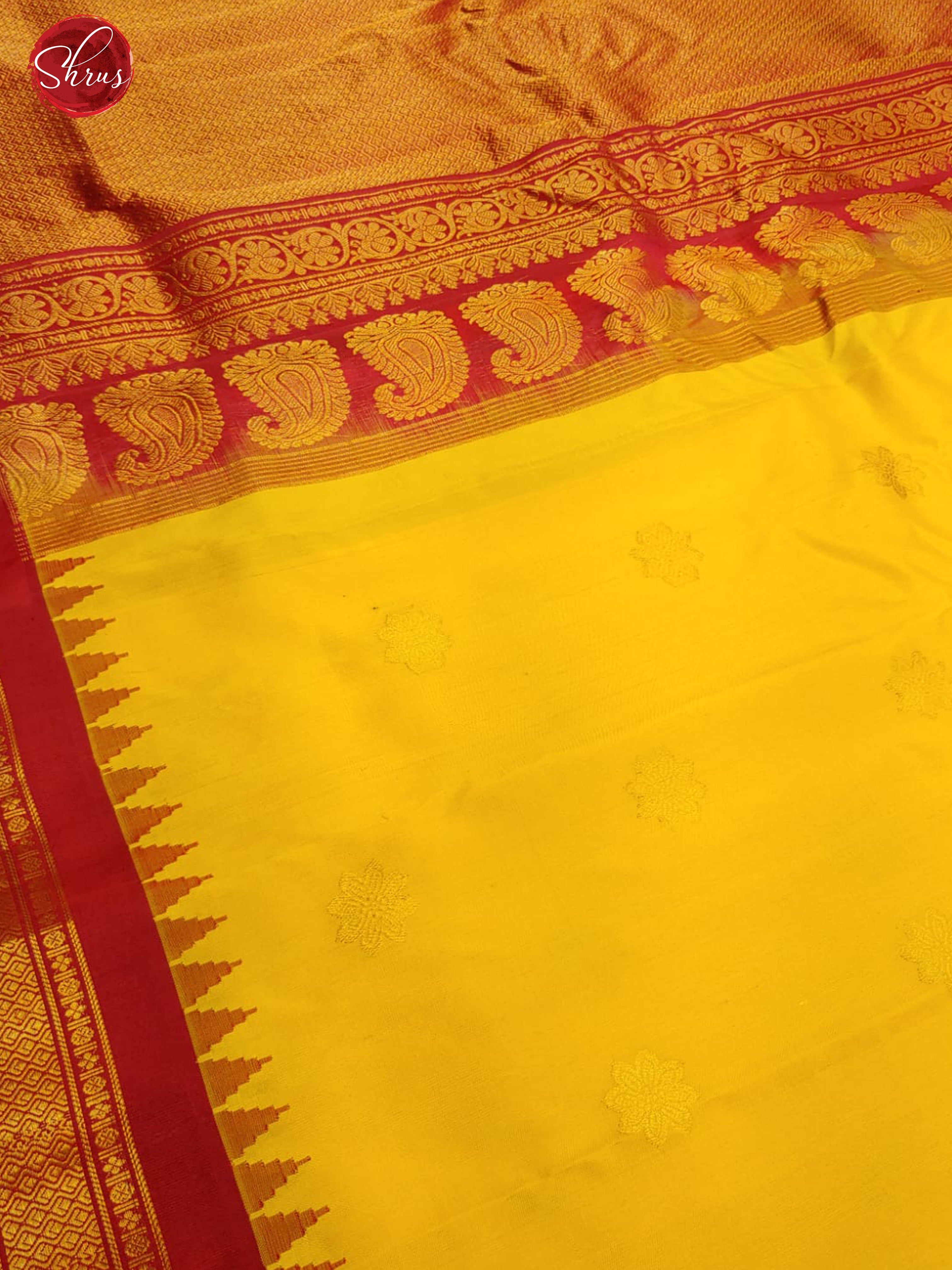 Yellow & Red - Gadwal Silk with zari woven floral buttas on the body & Contrast Zari Border - Shop on ShrusEternity.com