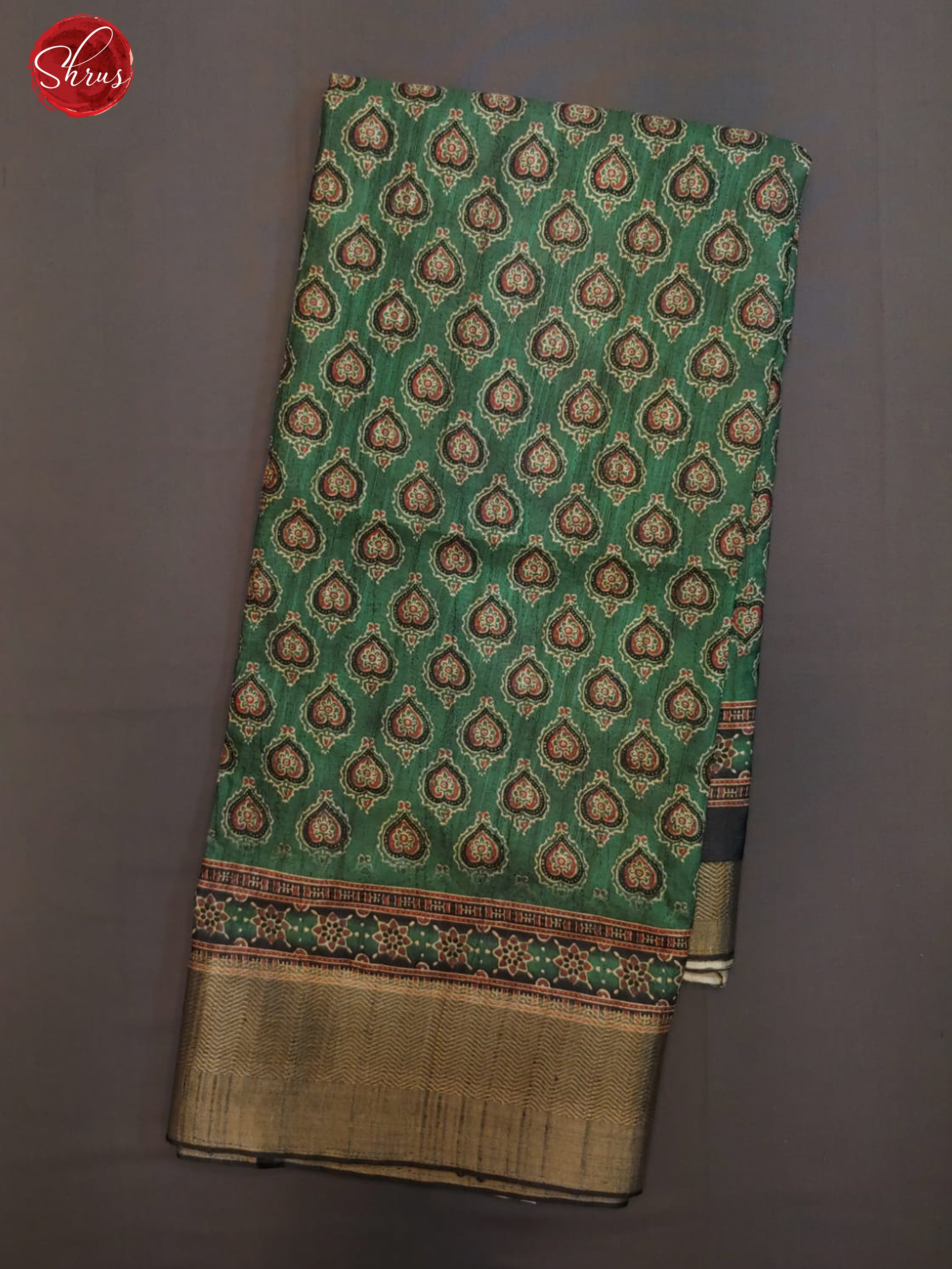 Green & Black -Semi Tussar with floral print on the body & zari border - Shop on ShrusEternity.com
