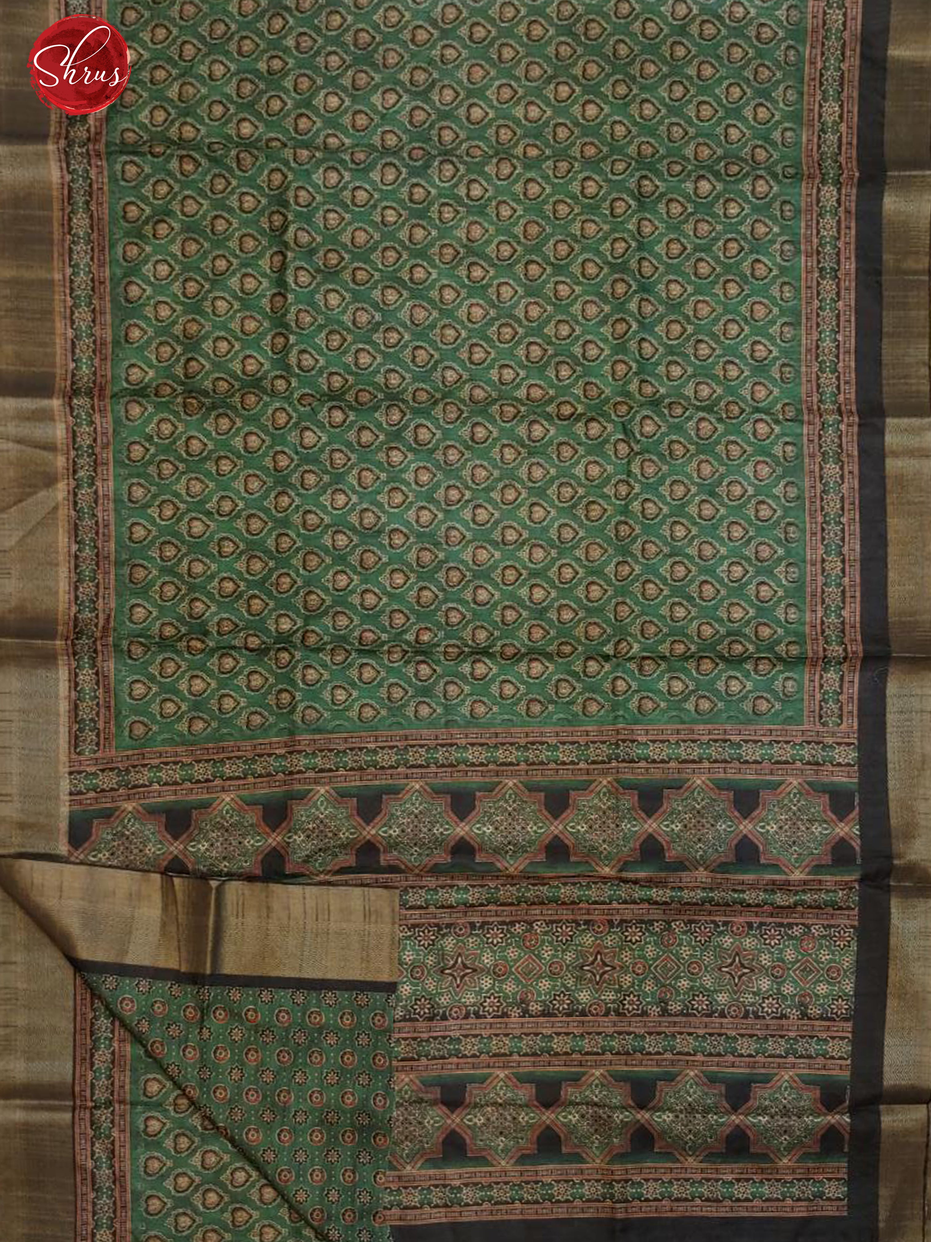 Green & Black -Semi Tussar with floral print on the body & zari border - Shop on ShrusEternity.com