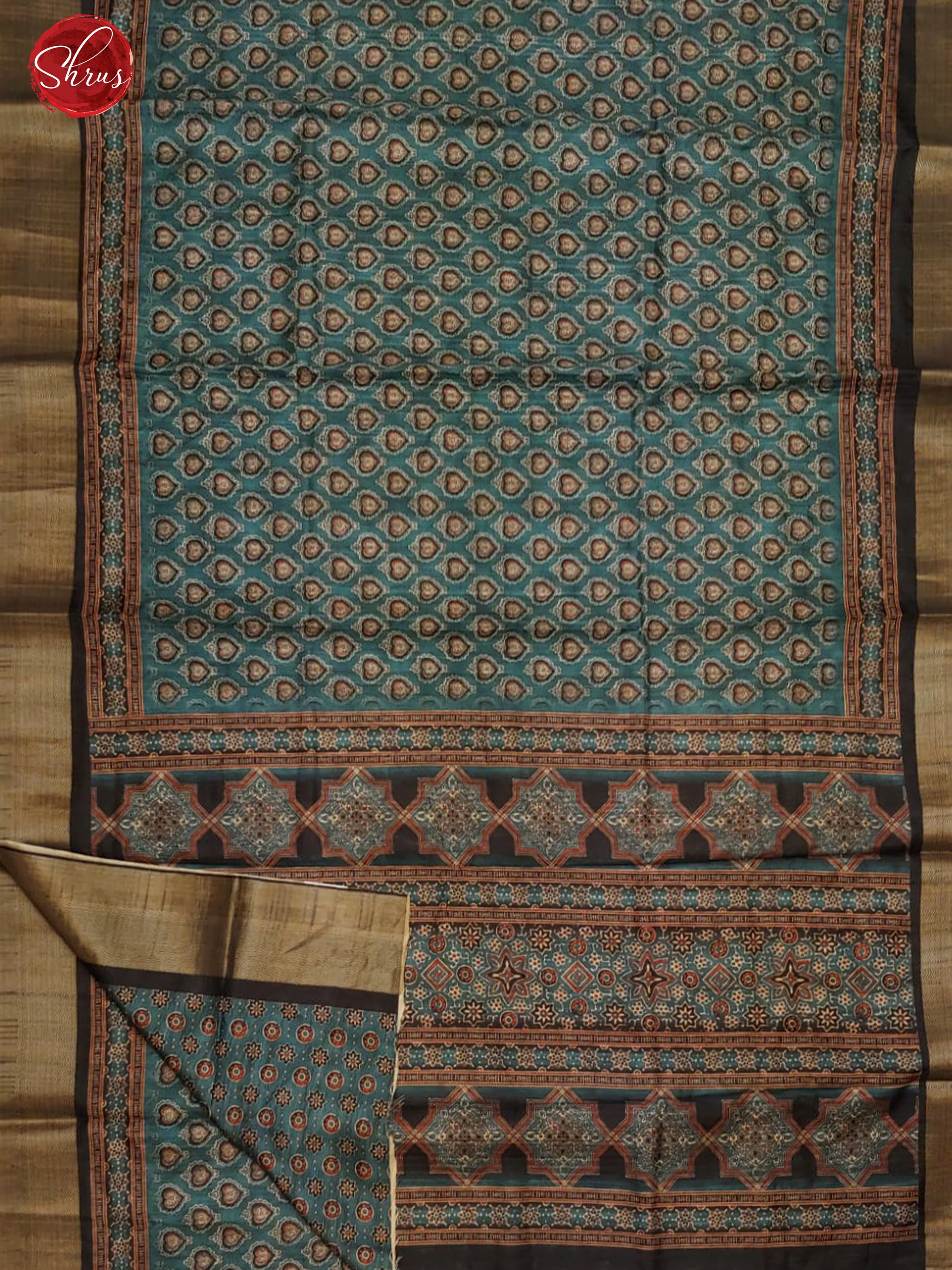 Blue & Black - Semi Tussar with floral print on the body & zari border - Shop on ShrusEternity.com