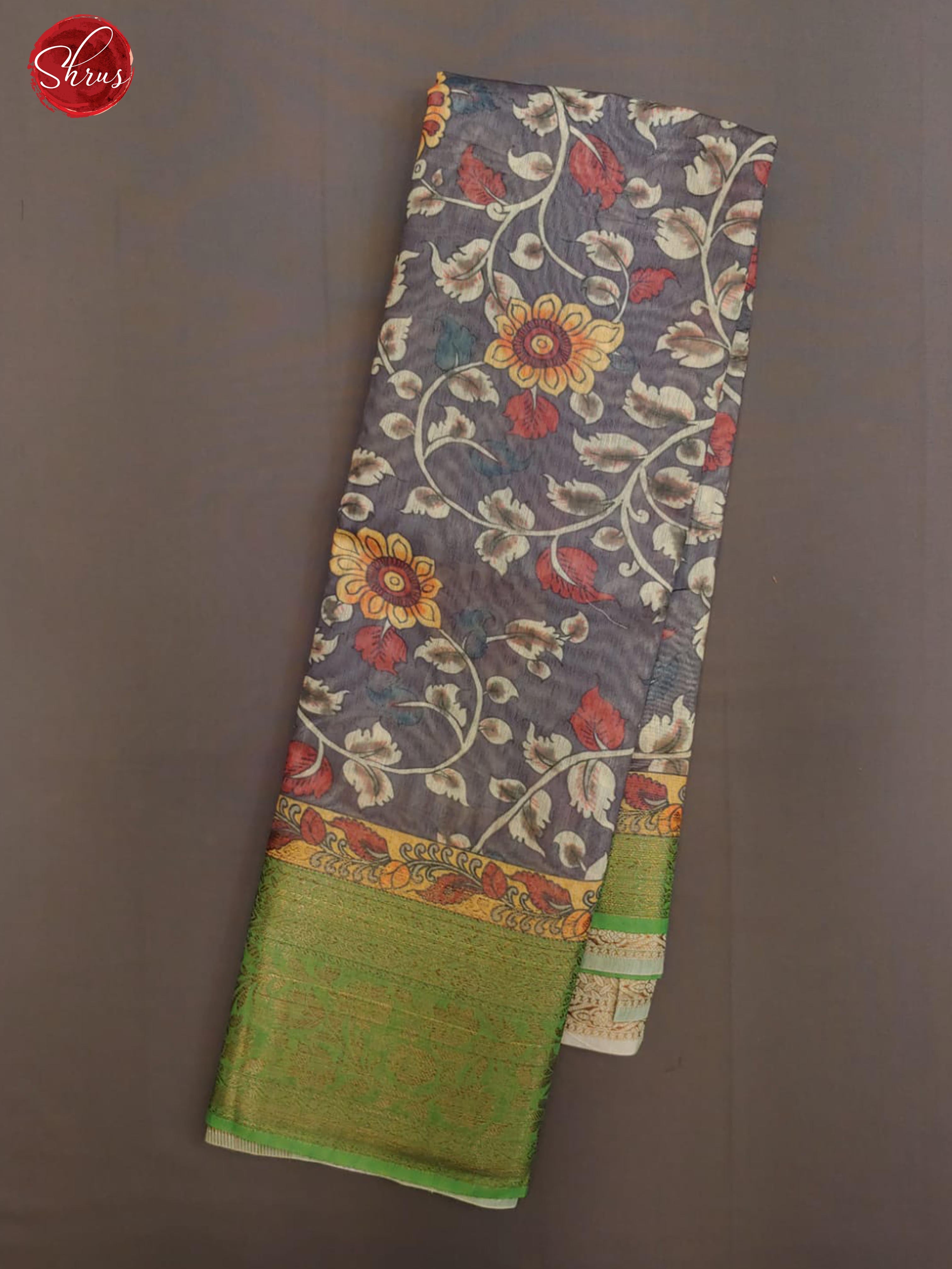 Grey & Green - Semi Chanderi with Kalamkari floral print on the body & contrast Zari Border - Shop on ShrusEternity.com