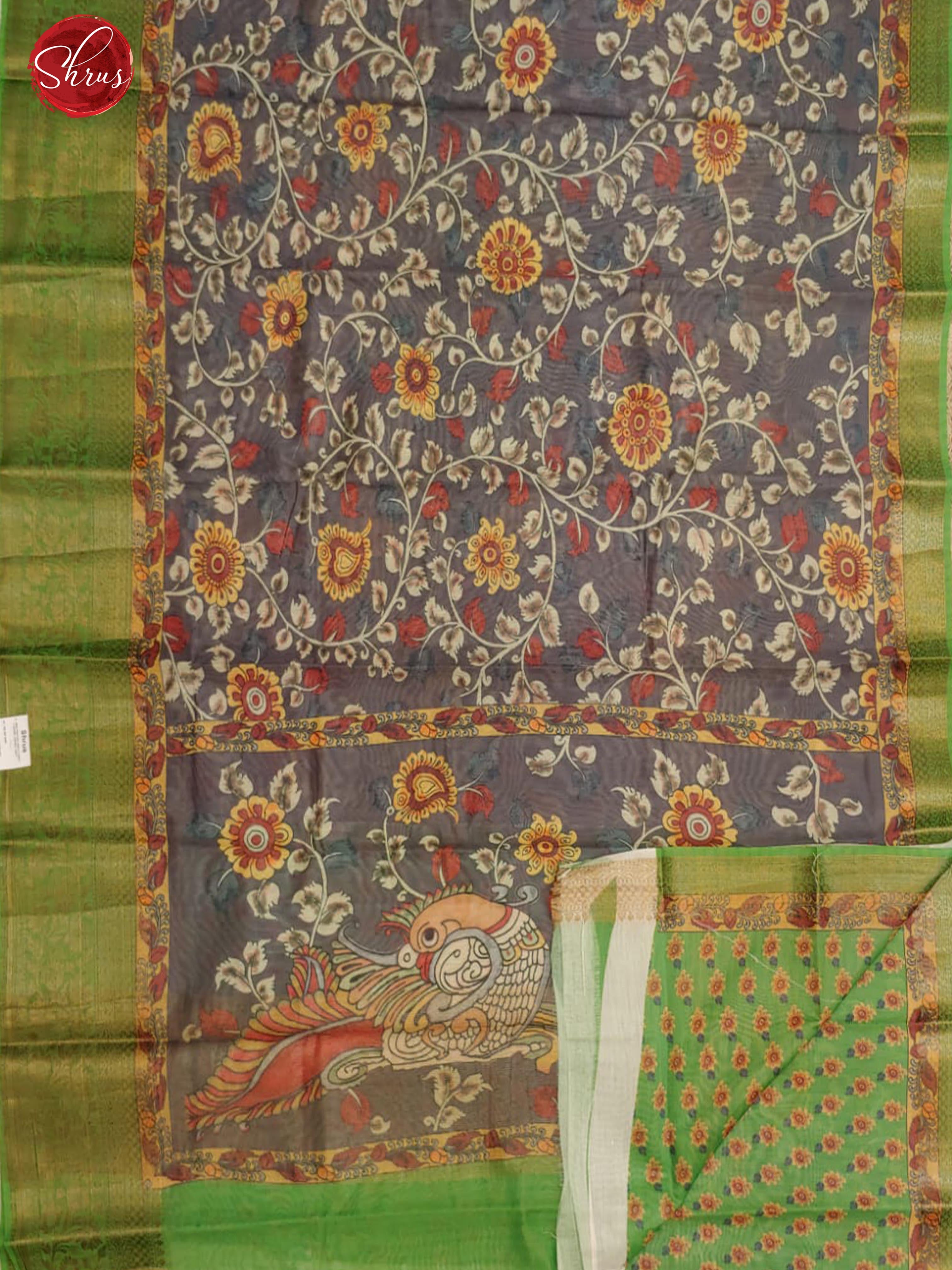 Grey & Green - Semi Chanderi with Kalamkari floral print on the body & contrast Zari Border - Shop on ShrusEternity.com
