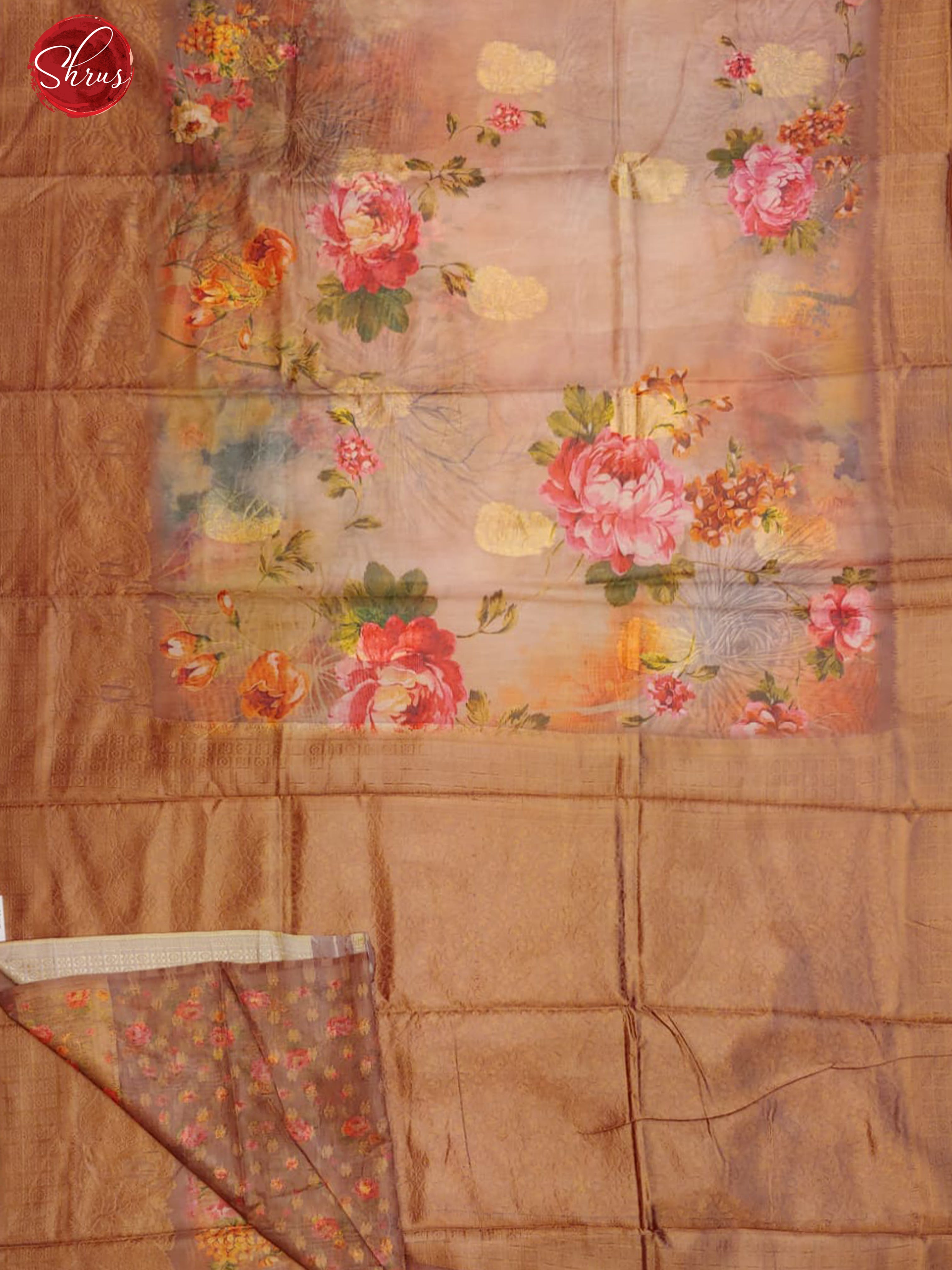 Light Brown(Single Tone)- Semi Jute with digital floral print on the body & Zari Border - Shop on ShrusEternity.com