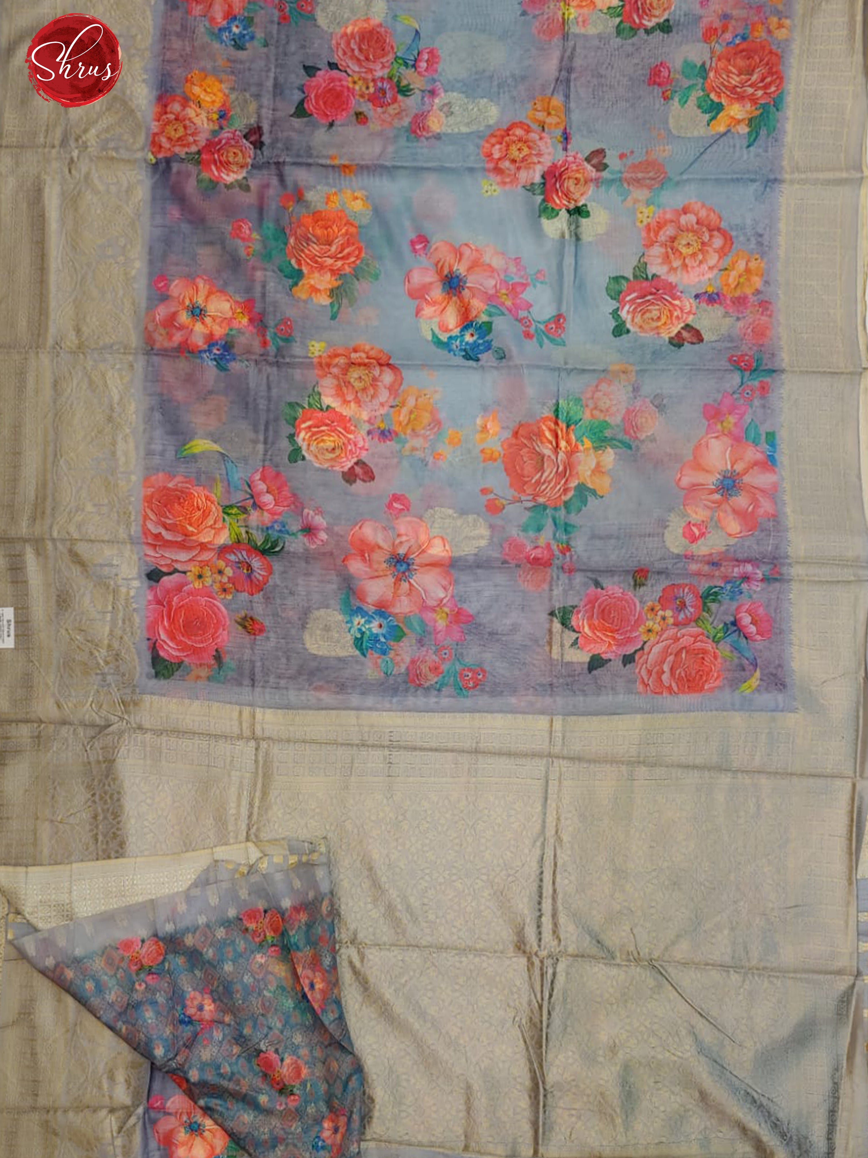 Bluish Grey(Single Tone)- Semi Jute with digital floral print on the body & Zari Border - Shop on ShrusEternity.com