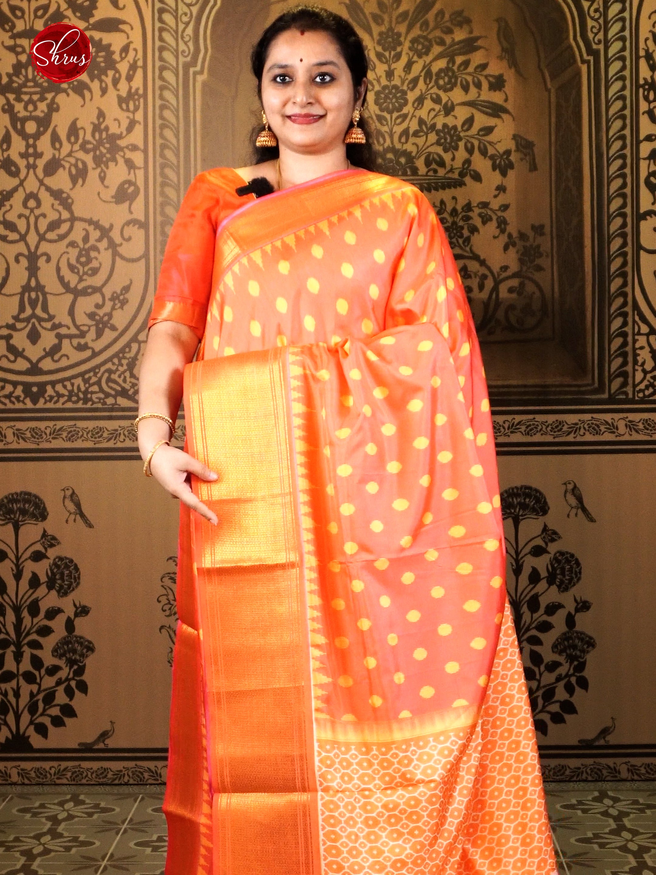 Orangish Pink & Orange - Semi Ikkat with ikkat print on the body & Contrast Zari Border - Shop on ShrusEternity.com