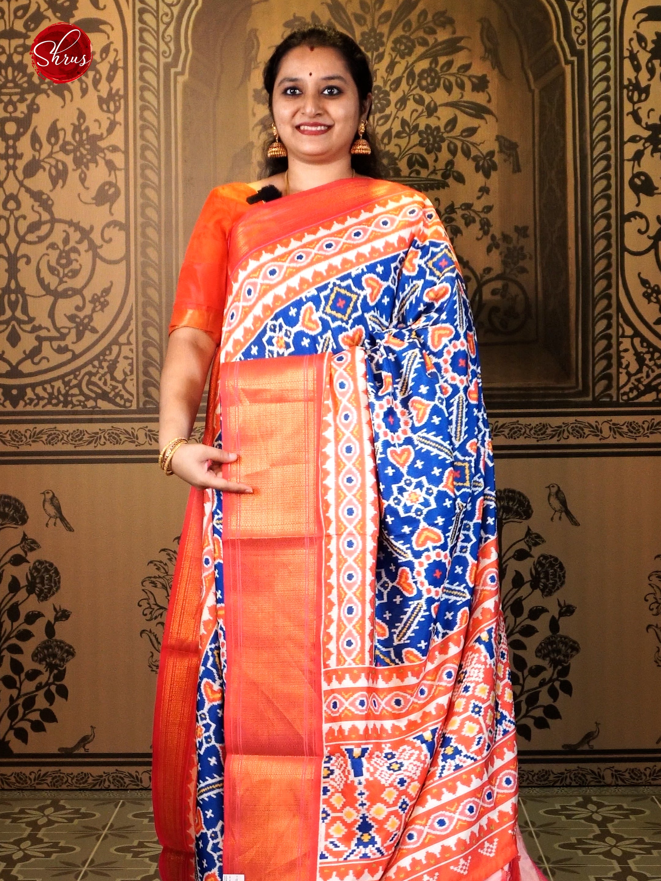 Blue & Orange - Semi Ikkat with ikkat floral pattern on the body & Contrast Zari Border - Shop on ShrusEternity.com